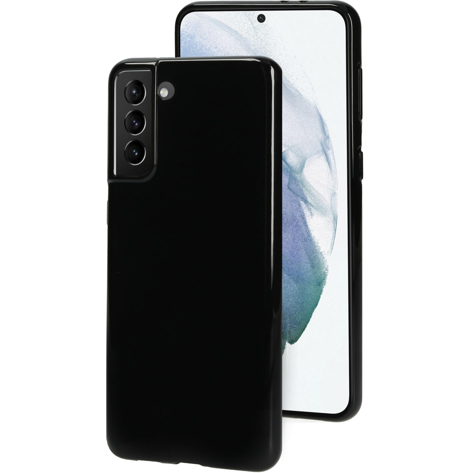 Zwarte telefoon met hoesje. Een andere zwarte telefoon erachter, die het scherm toont.