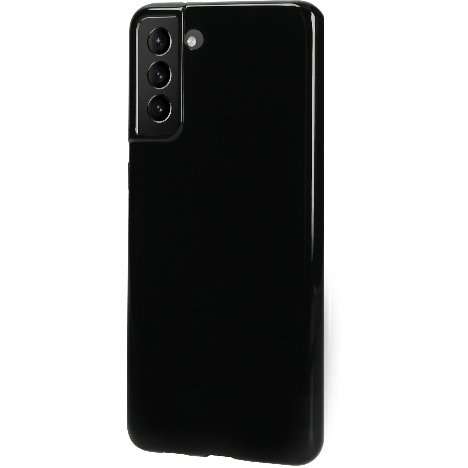 Zwarte telefoon. De telefoon is zwart, met drie camera's aan de achterkant.