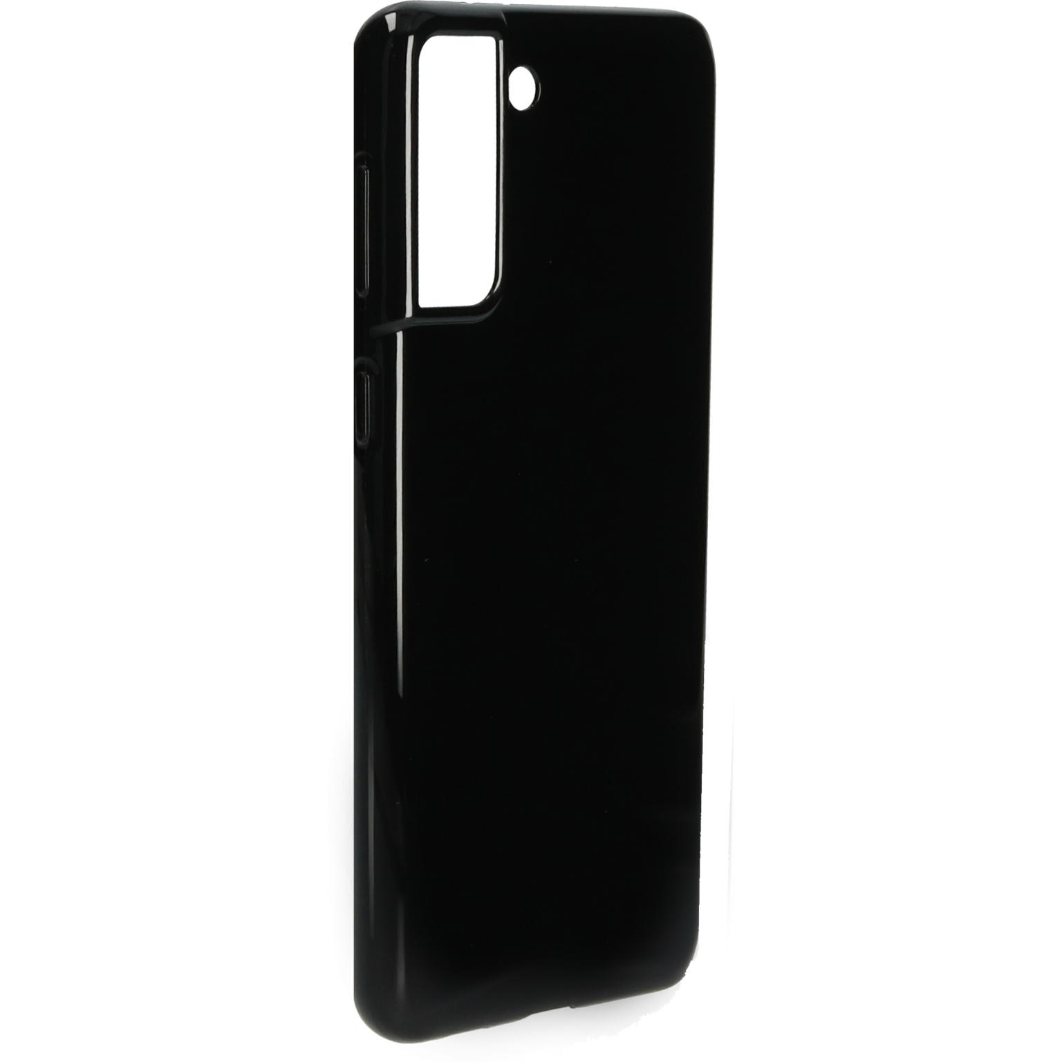 Zwarte telefoonhoes. Met camera-uitsparing, zijknoppen en oplaadopening.