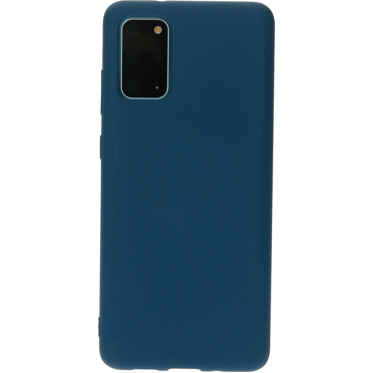 Donkerblauwe telefoonhoes. De hoes heeft een camera-gedeelte. De telefoon is zwart.