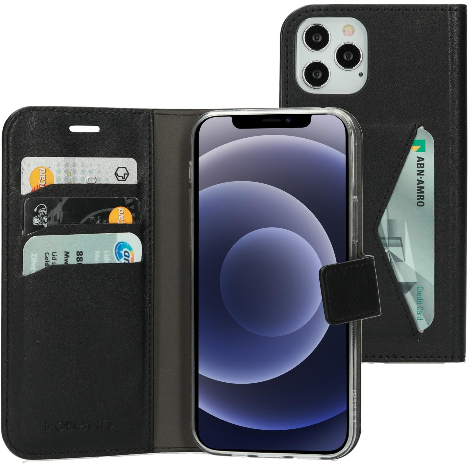Black phone case open. Phone with screen showing. Cards in slots on the left. A card on the right.