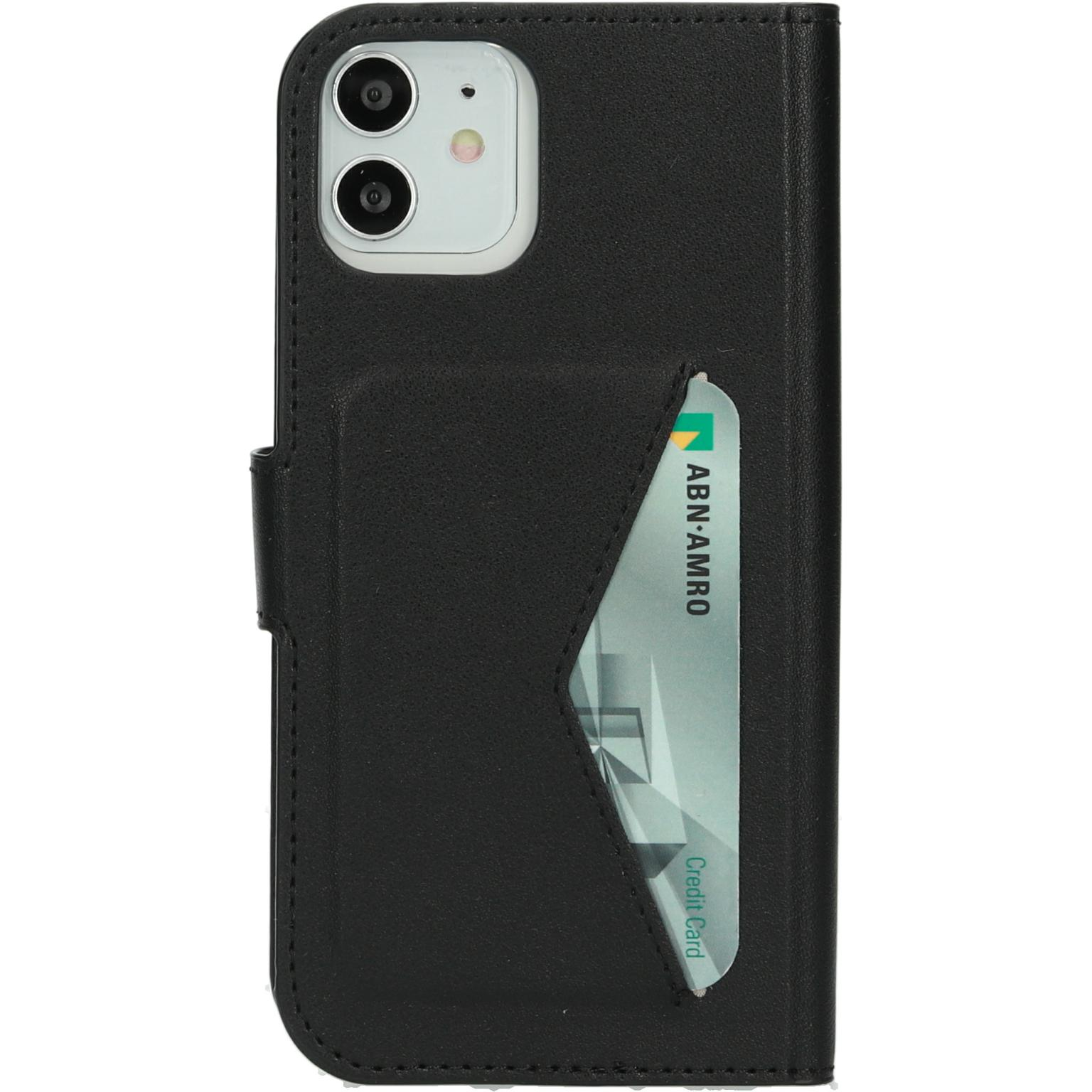Black phone case with a card. The case is closed. The background is white.
