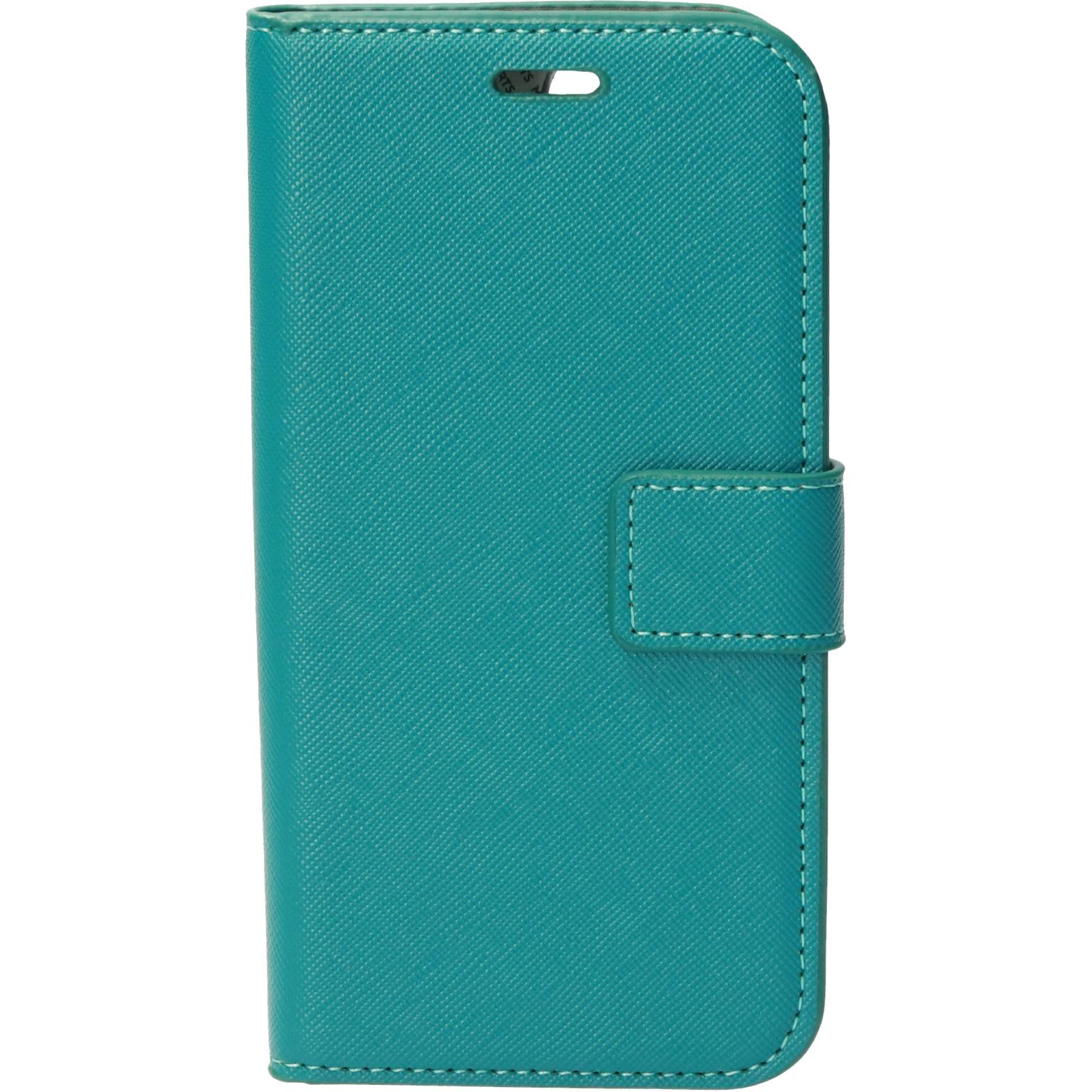 A teal phone case, closed with a magnetic clasp. The cover has a textured finish.