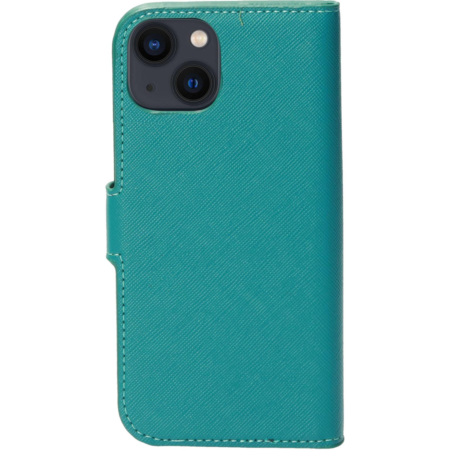 Teal phone case with a camera. White background.