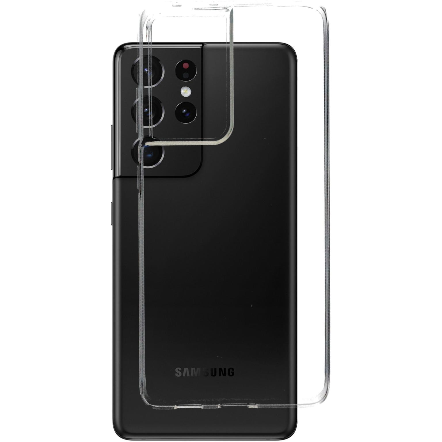 Zwarte Samsung telefoon met een doorzichtige hoes.