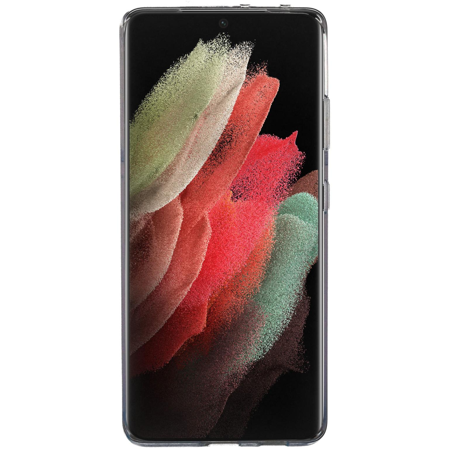 Telefoonscherm met kleurrijke abstracte kunst. Rode, witte en groene kleuren zichtbaar.