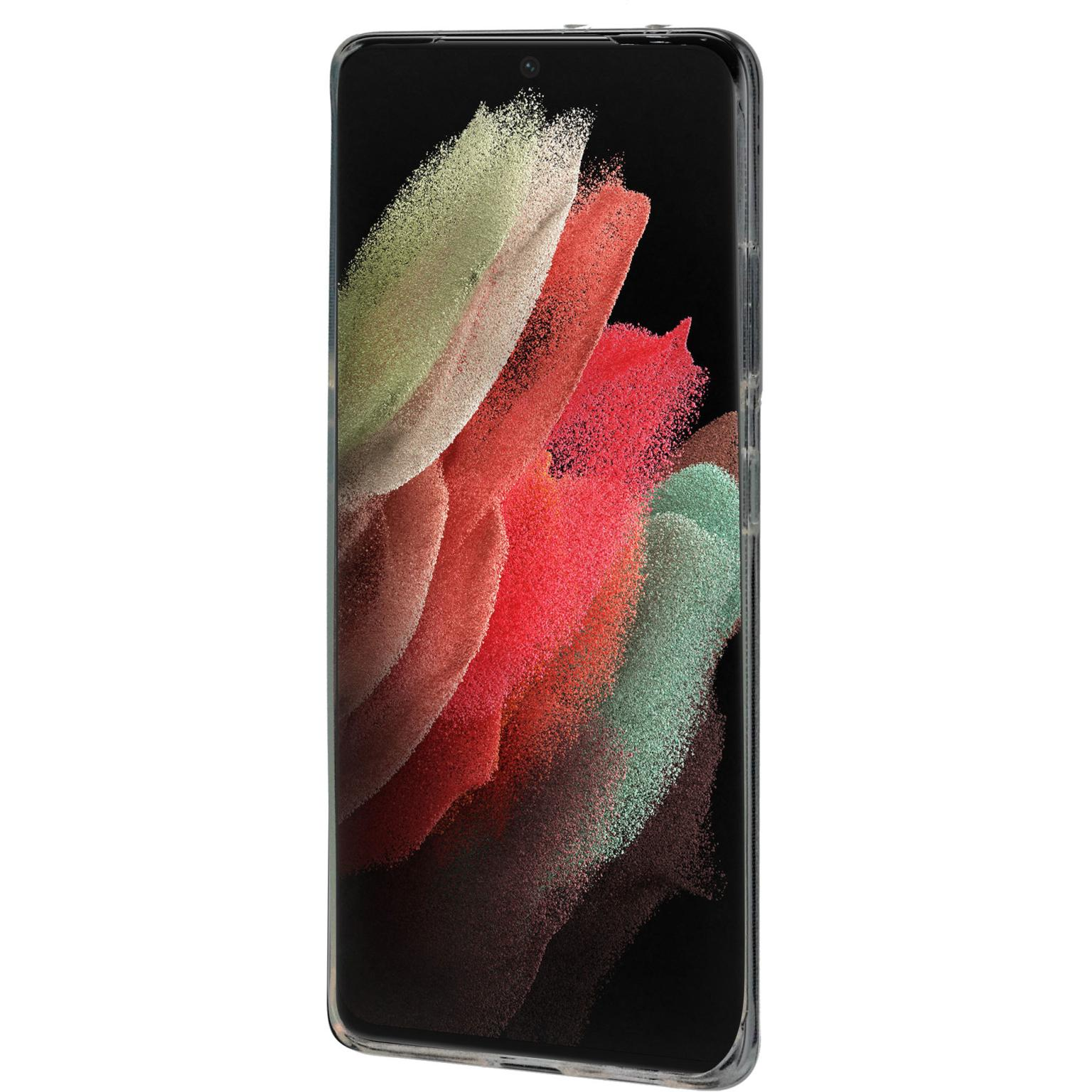 Smartphone met kleurrijke abstracte achtergrond. De telefoon zit in een doorzichtige hoes.