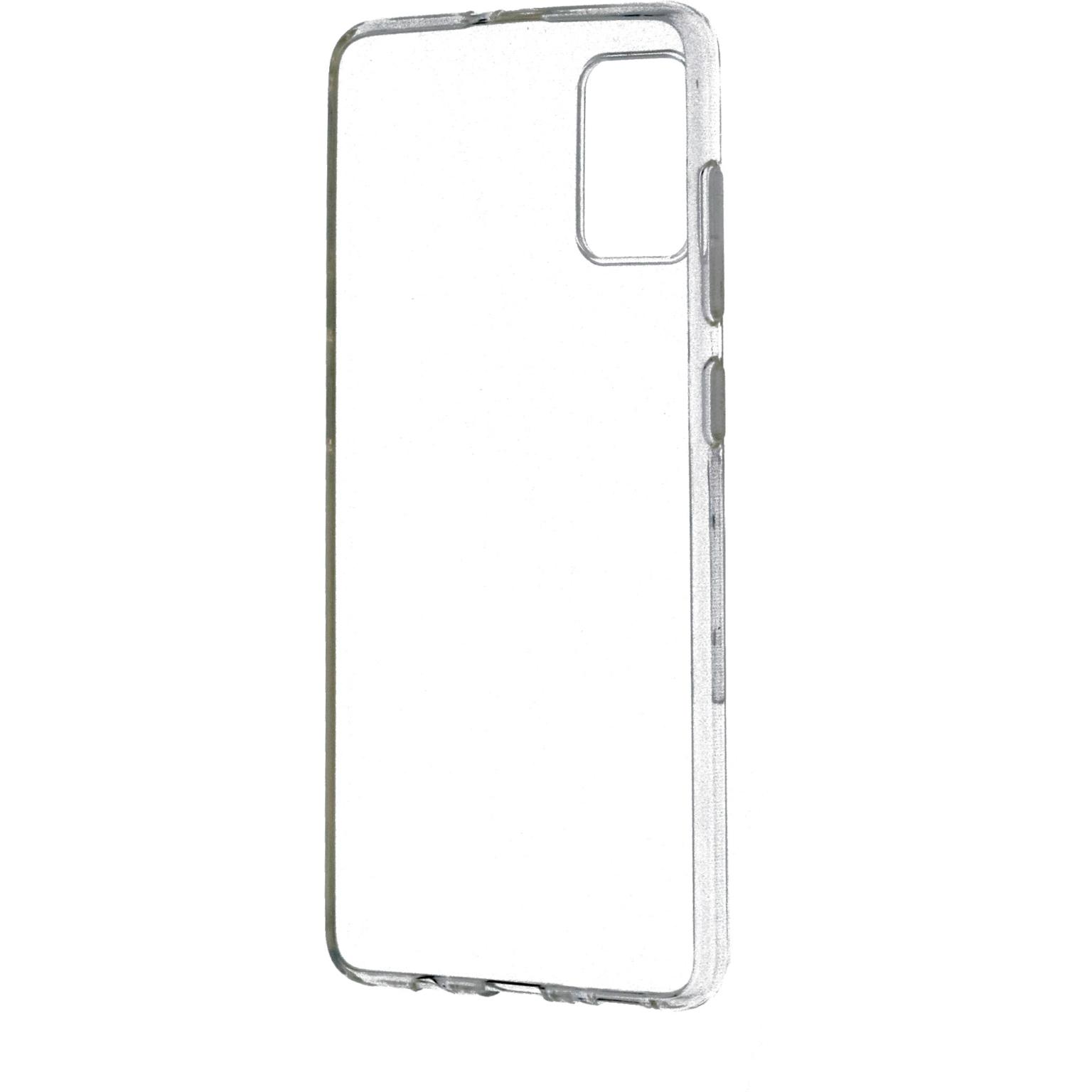 Transparante telefoonhoes. Het heeft een uitsparing voor de camera en uitsparingen voor knoppen. De achtergrond is wit.