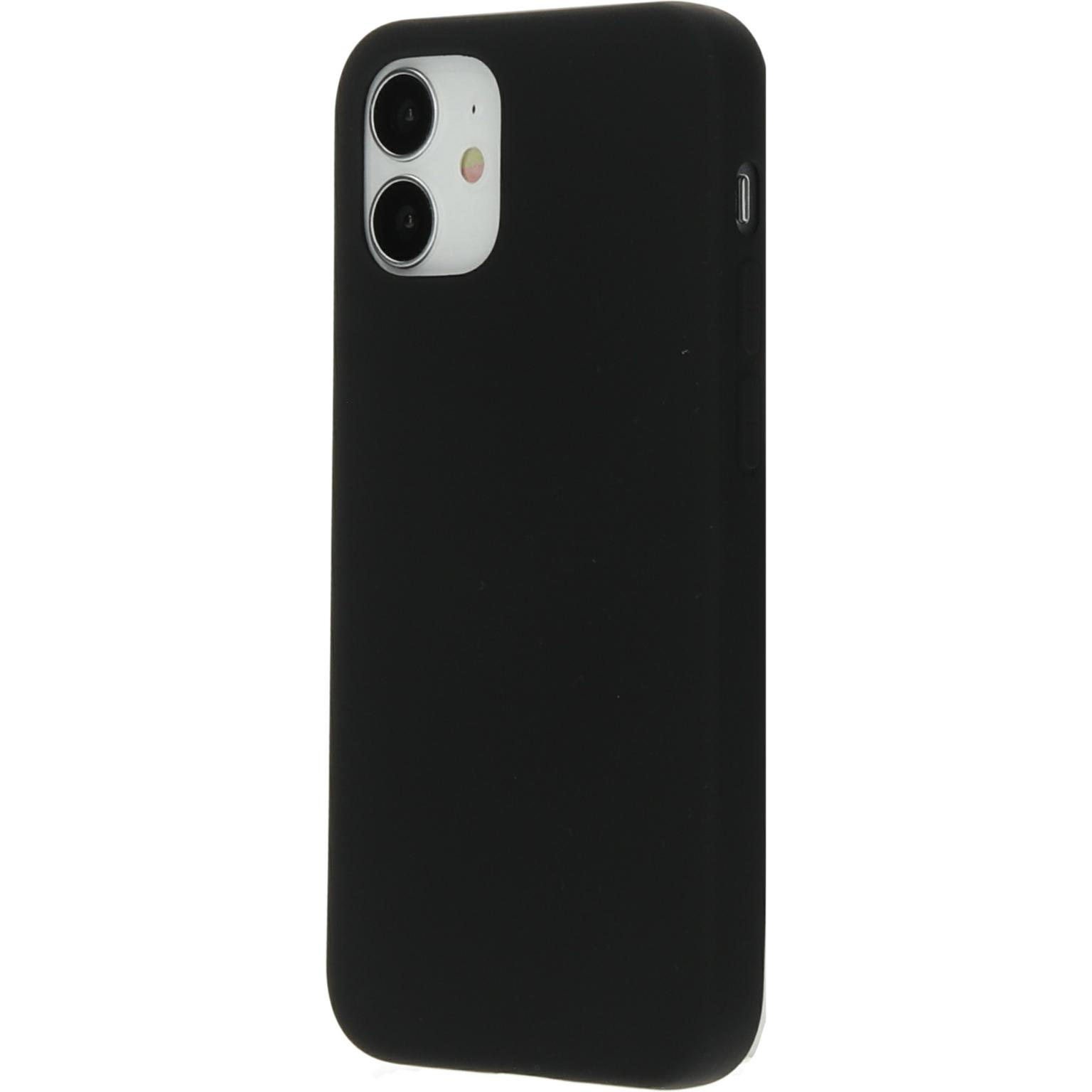 Black phone case with phone. The phone has two cameras. The case is black.