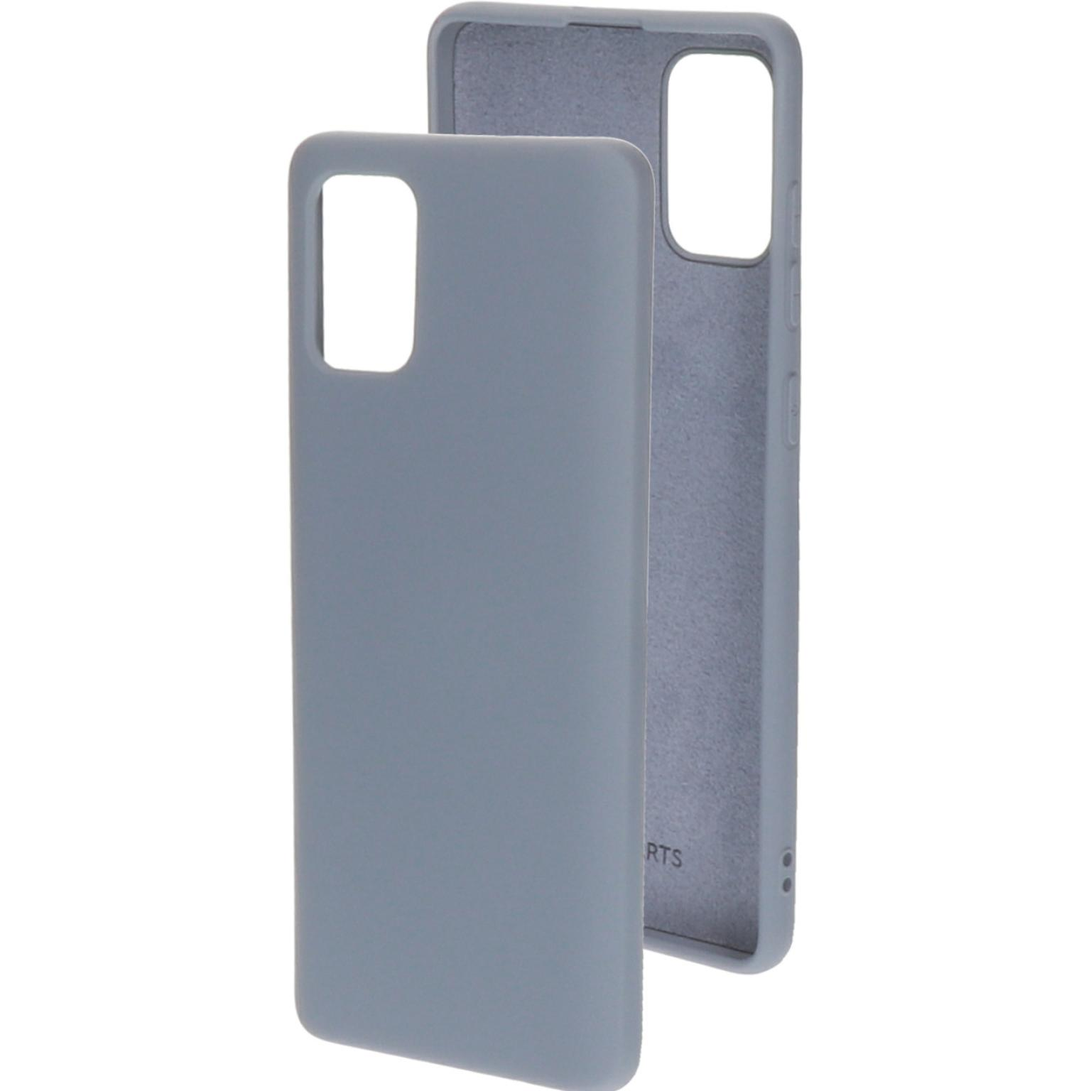 Grijze telefoonhoesjes, één open. De achtergrond is wit. De hoes heeft een camera-uitsparing. Logo.