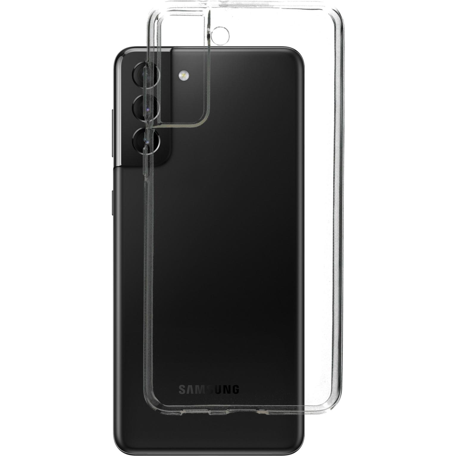Zwarte telefoon met een doorzichtige beschermhoes. Het Samsung-logo is zichtbaar.