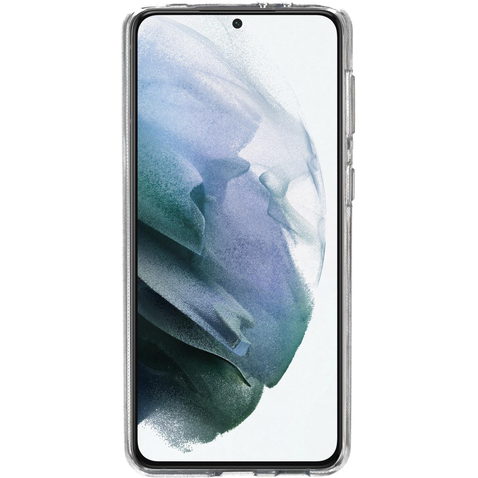 Transparante telefoonhoes op een telefoon met een wazige afbeelding. De hoes heeft een transparant frame.