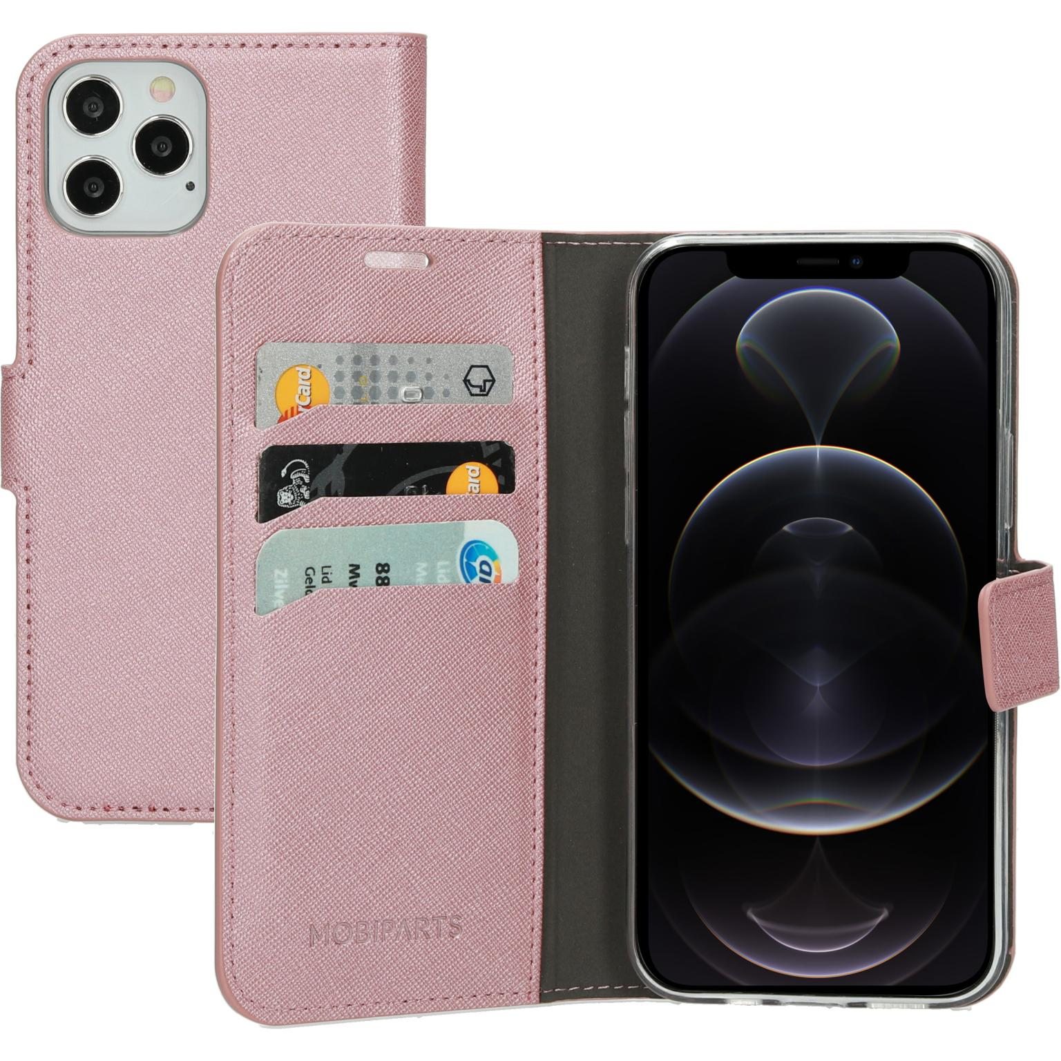 Pink phone case with cards and a phone inside. The case is open, revealing the phone.