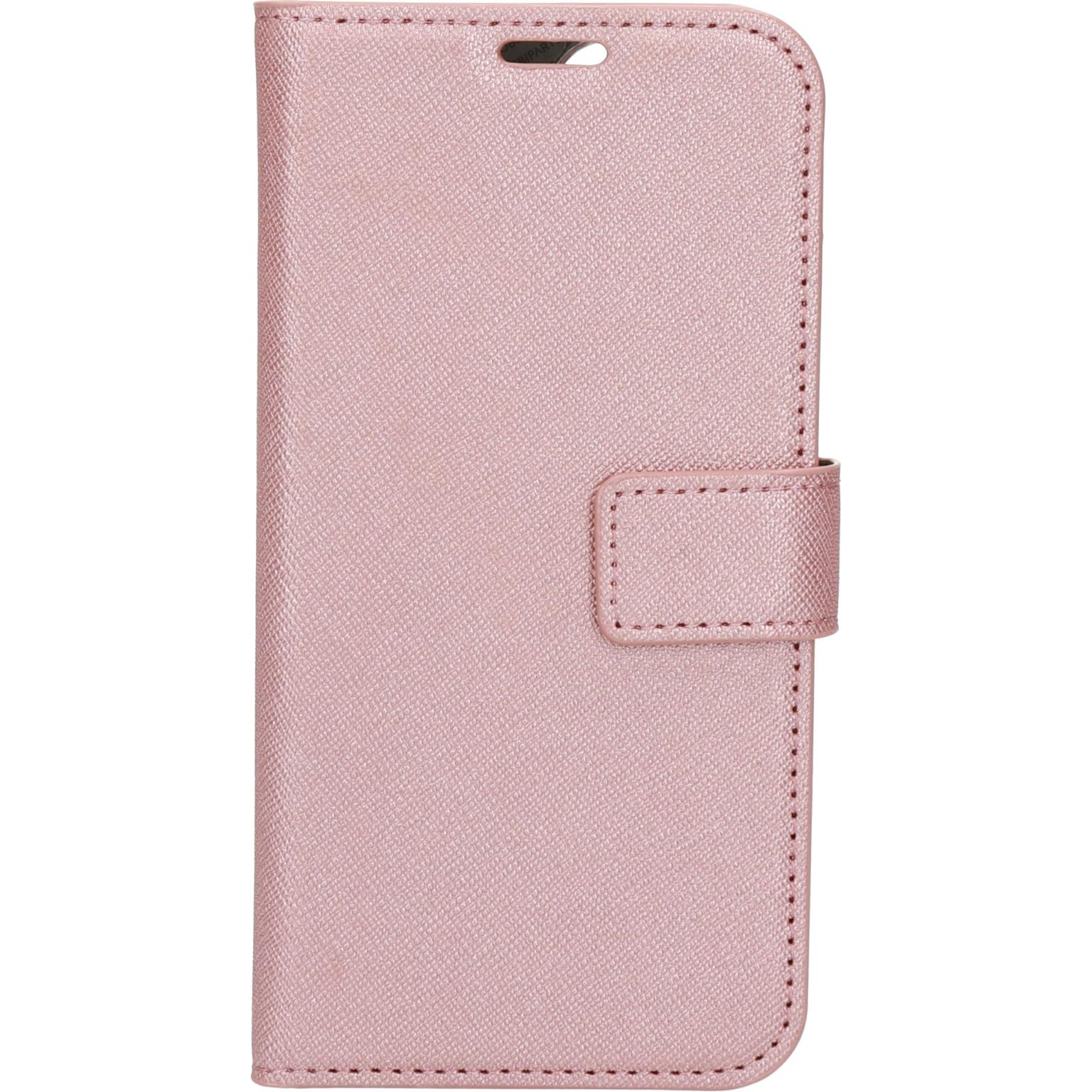 Pink phone case. The case is pink and closed. The case has a clasp.