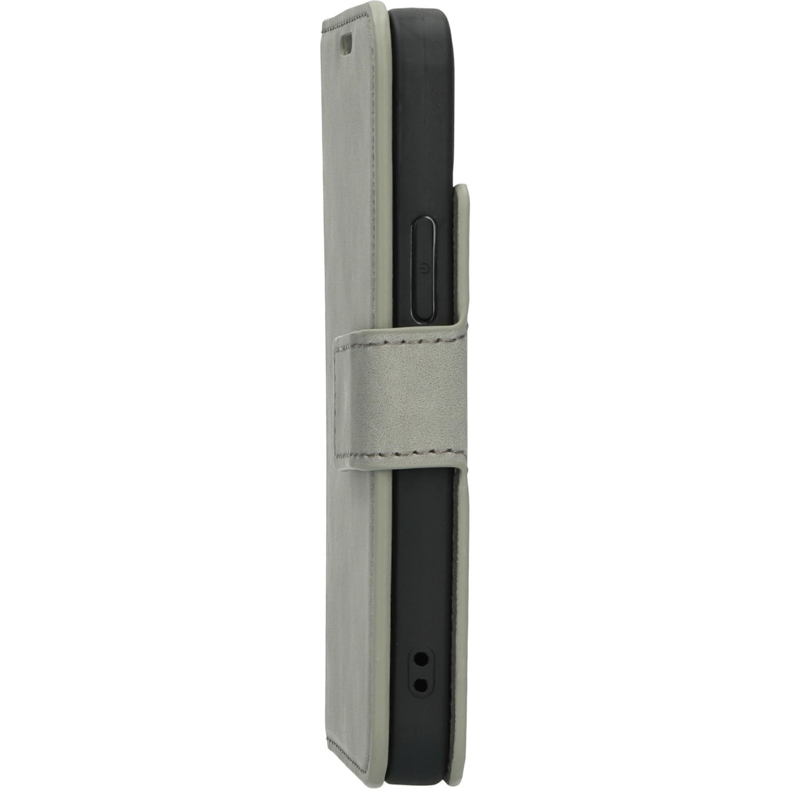 Side view of a light grey phone case. Black phone inside. A light grey strap secures it.