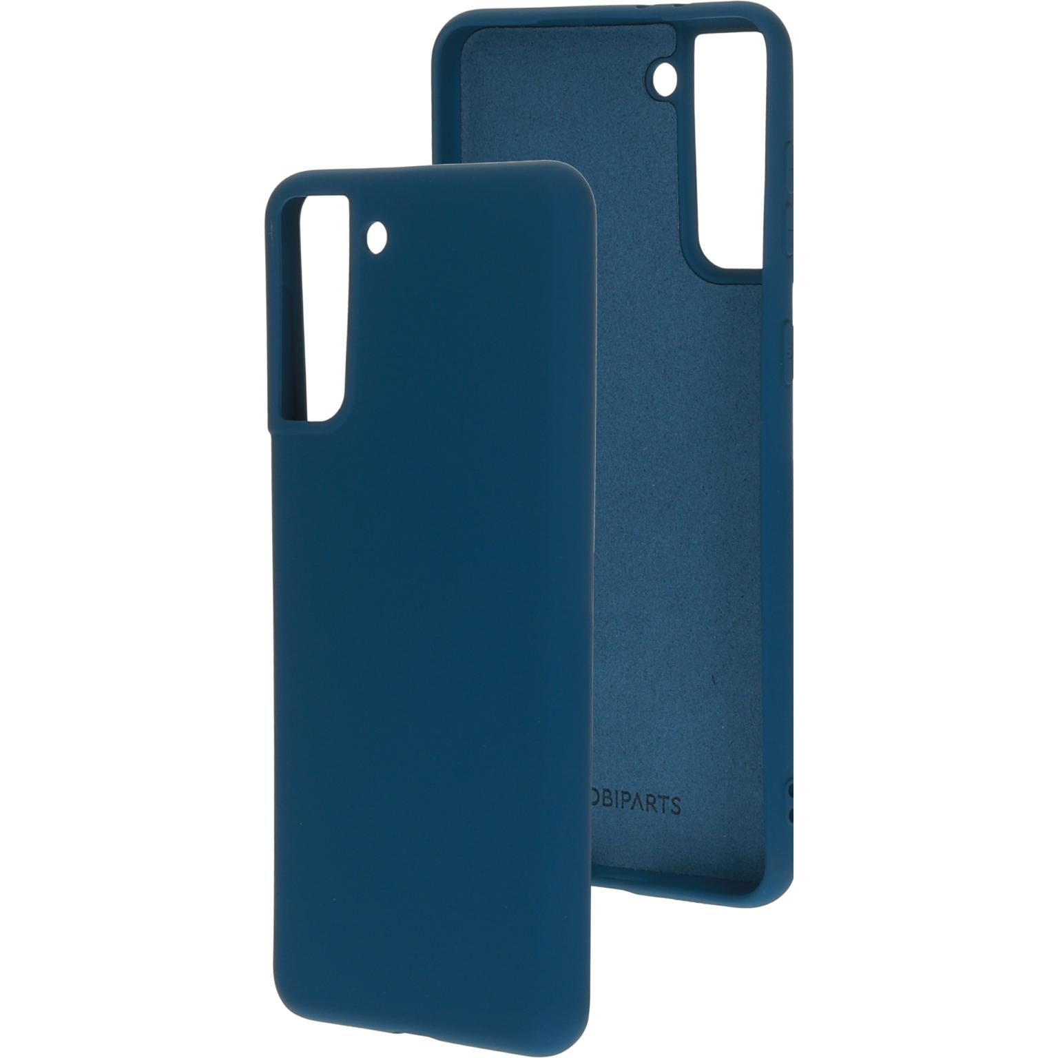 Twee blauwe telefoonhoesjes met uitsparingen voor de camera.