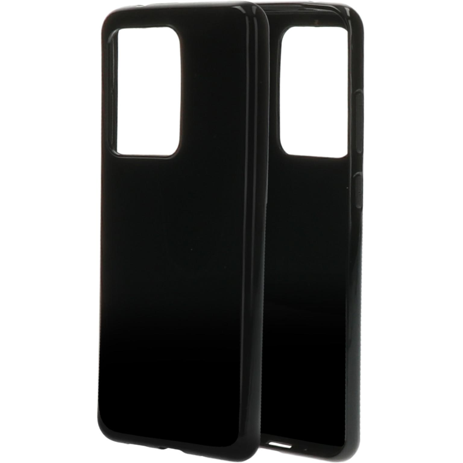 Zwarte telefoonhoesjes. Er worden er twee getoond. De achtergrond is wit. De hoesjes hebben camera-uitsparingen.