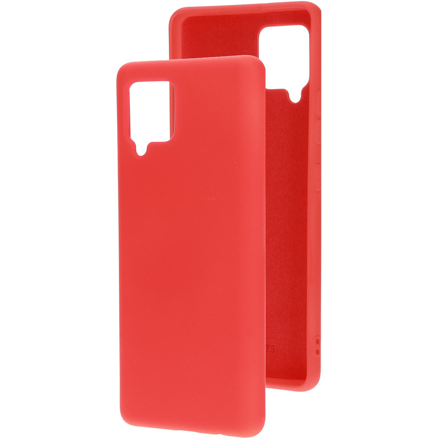 Rode telefoonhoes. Twee delen, achterkant en frame, met camera-uitsparing.
