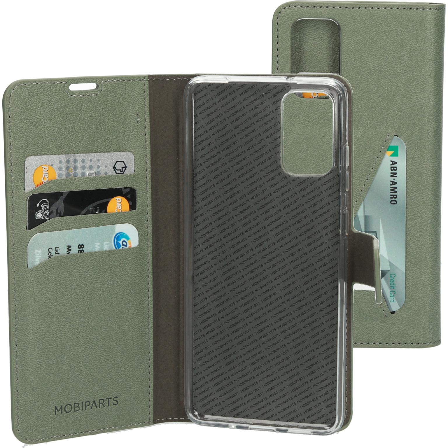 Groene telefoonhoes met kaarten en telefoon. MOBIPARTS logo zichtbaar.