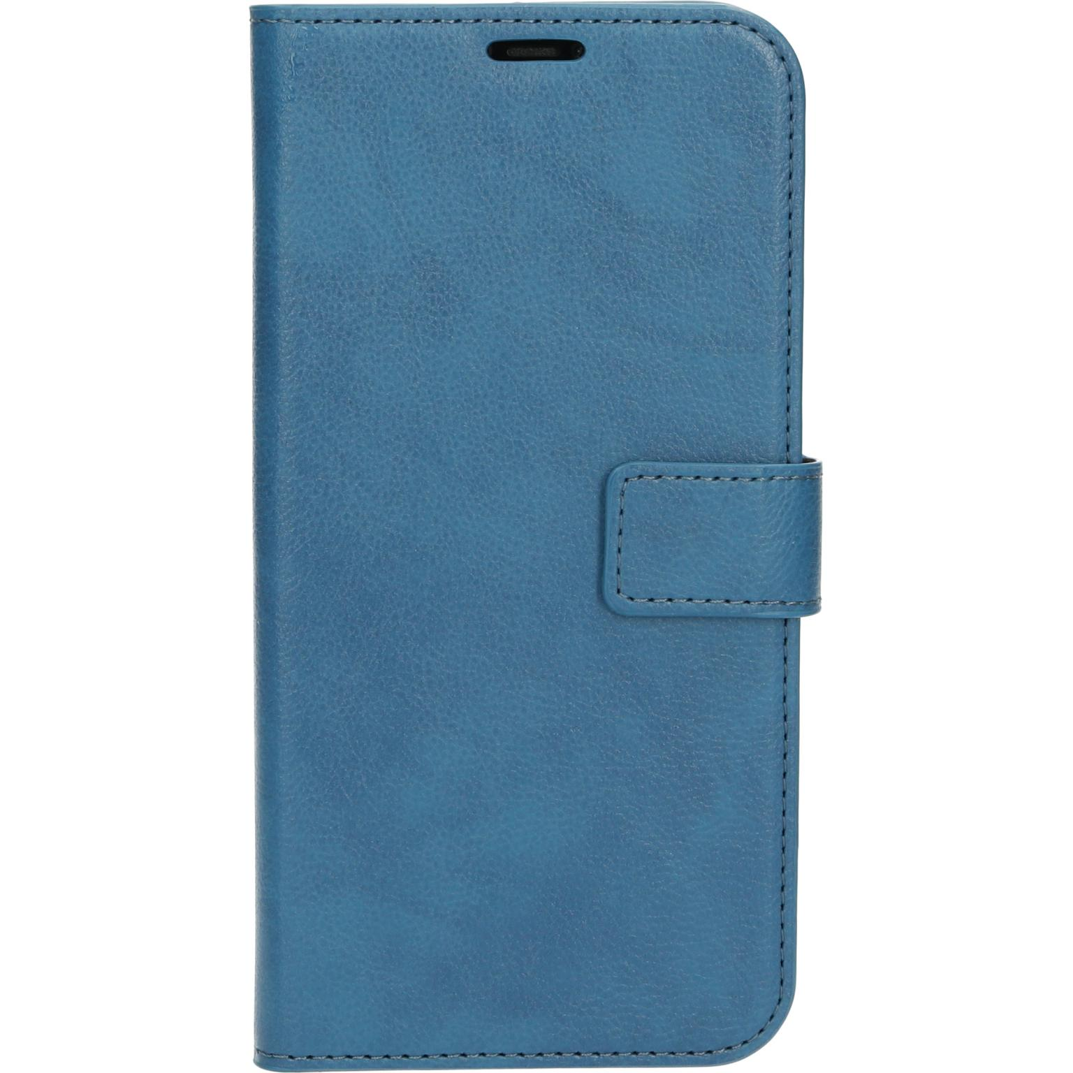 A blue phone case with a flap and magnetic closure.