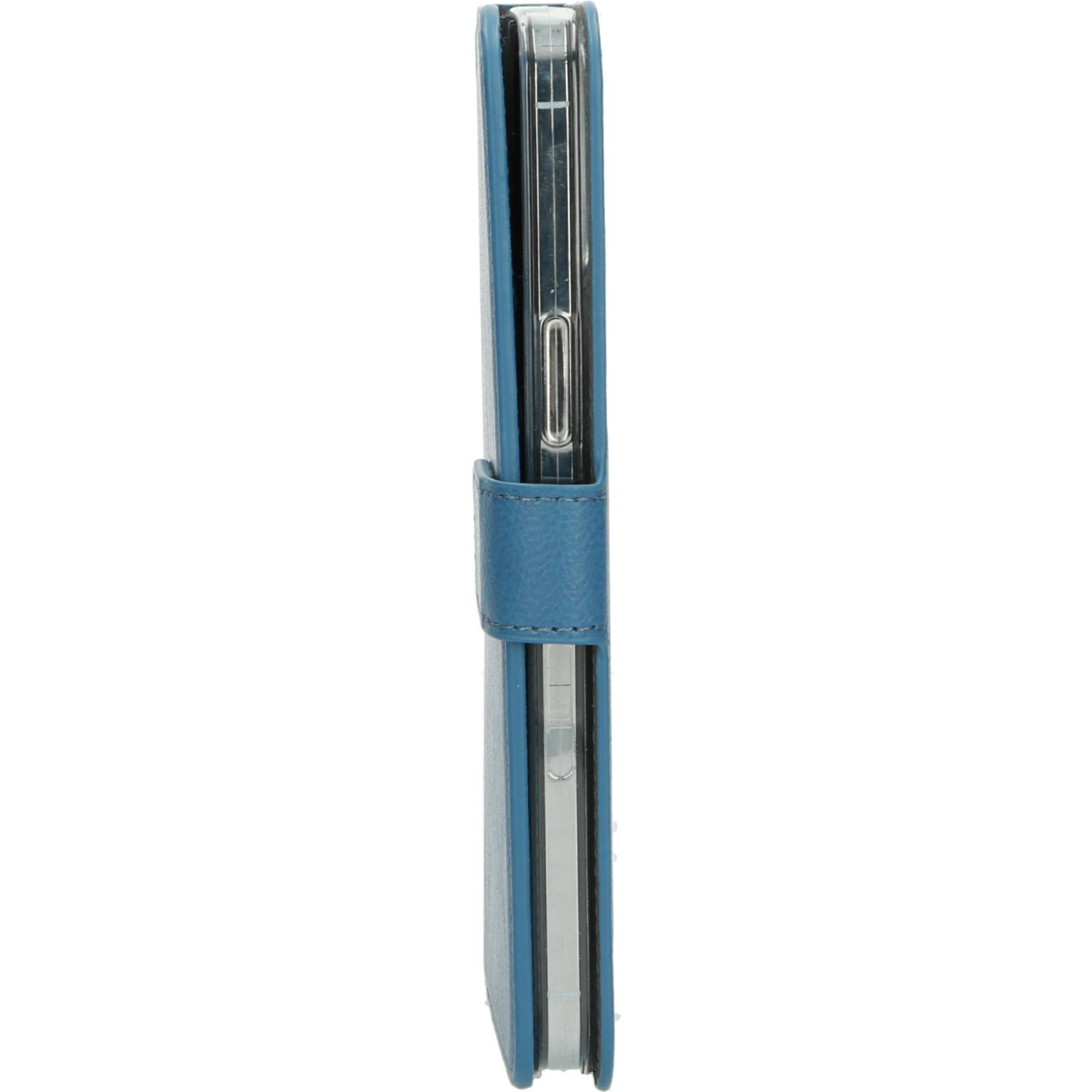 Blue phone case that is closed, from the side.