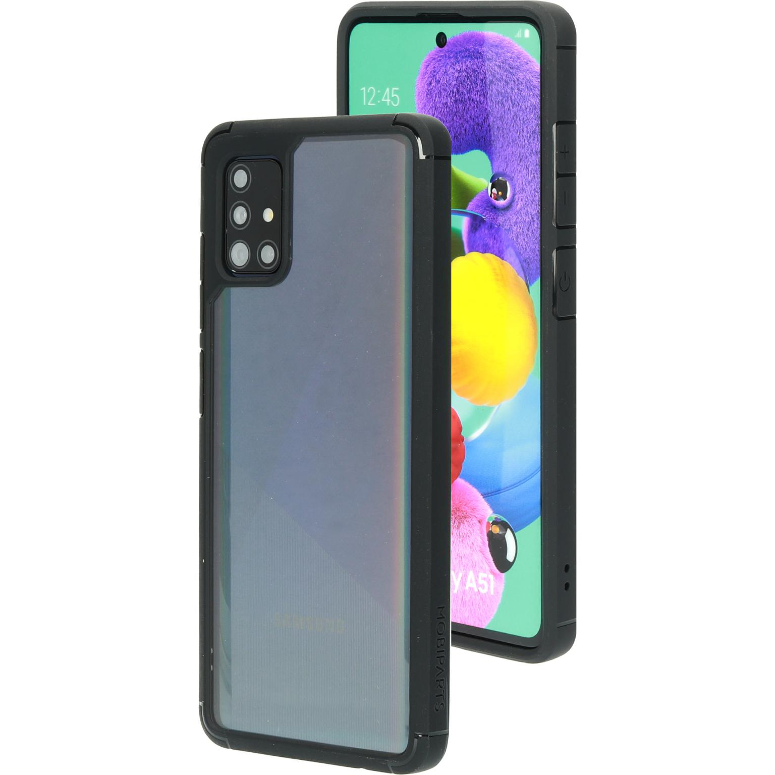 Zwarte telefoonhoes op witte achtergrond. De telefoon toont een kleurrijke afbeelding.