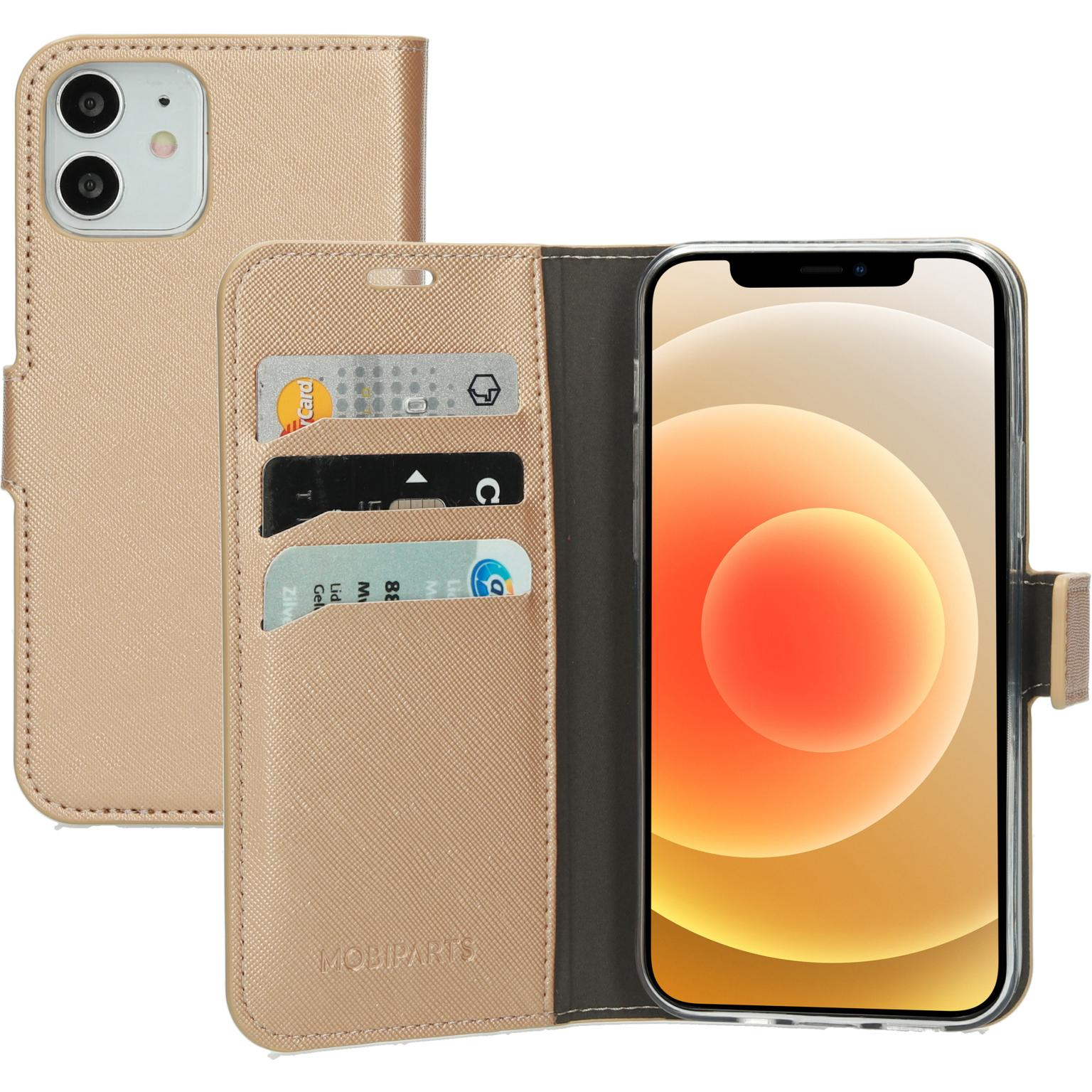 Gold phone case with cards and a phone inside. Phone is visible.