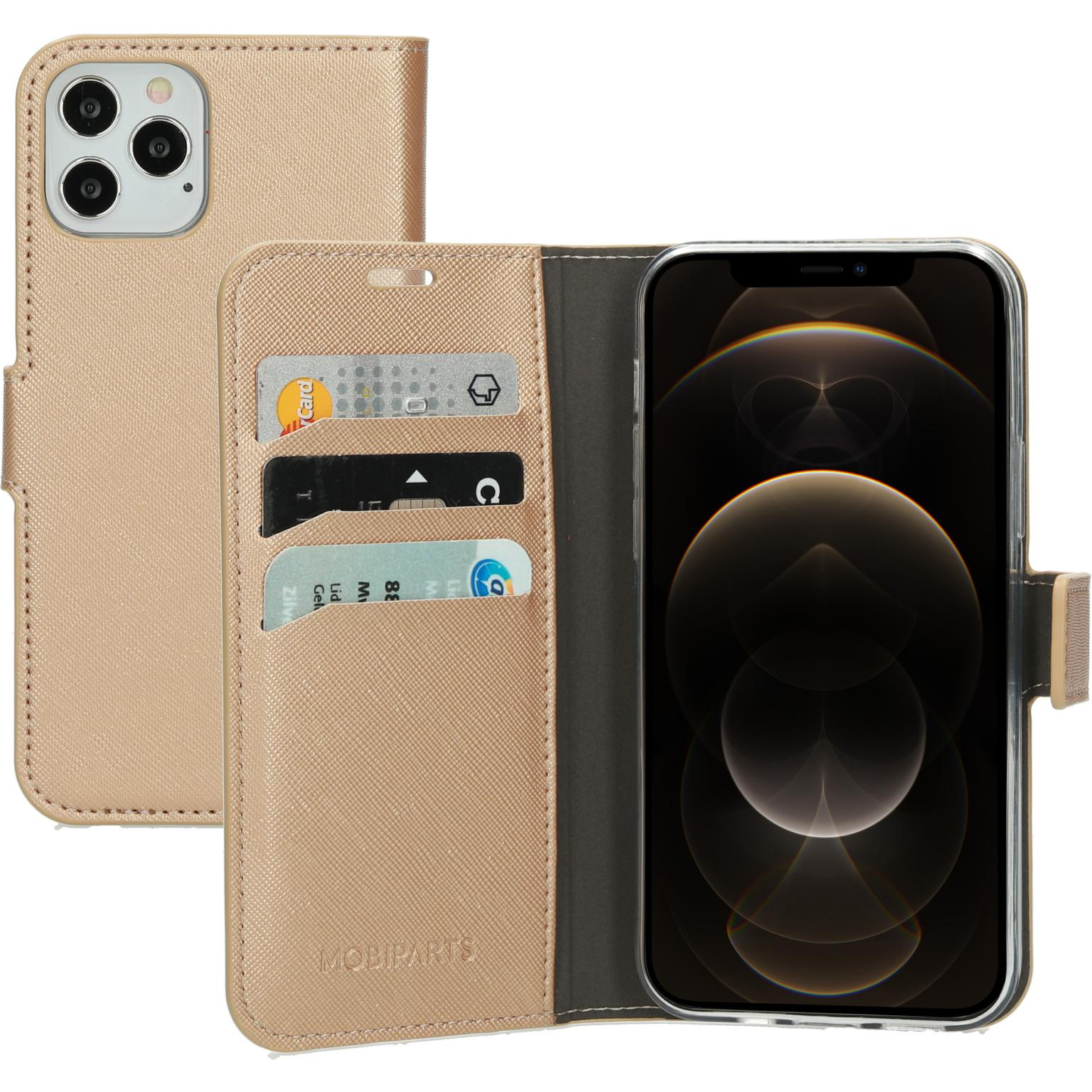 Gold phone case with card slots. Phone is inside, partially visible.