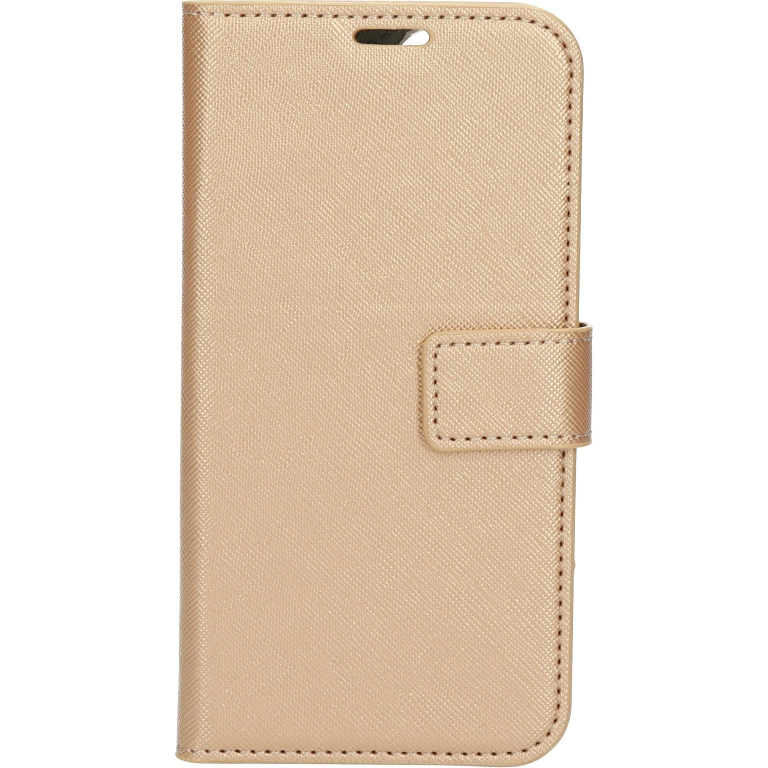Gold phone case with a flap and a magnetic closure.