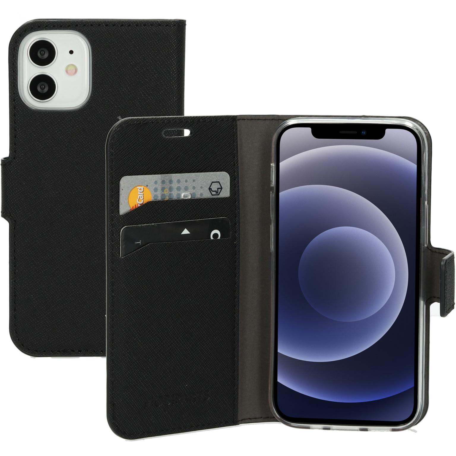 Black phone case, open. Phone is inserted. Cards can be put in the slots.