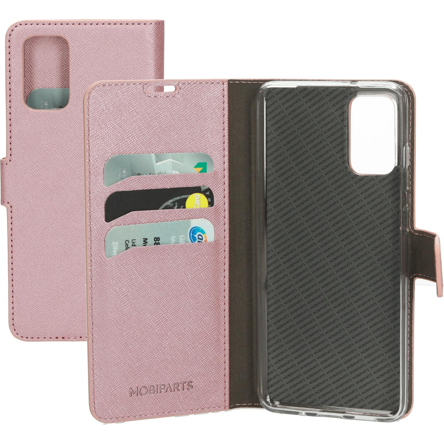 Roze telefoonhoes, open, met kaartsleuven en telefoon zichtbaar.
