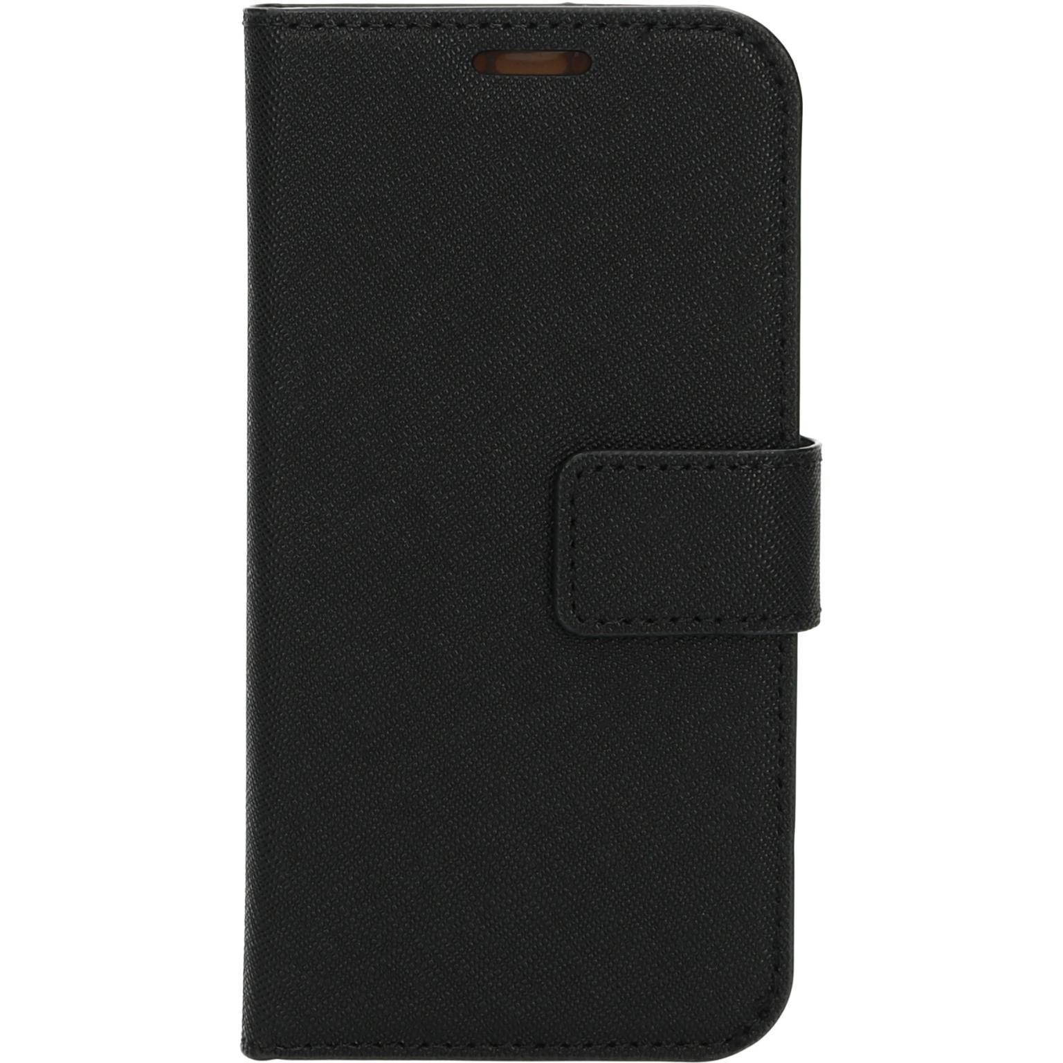 Black phone case, closed with a flap and a magnetic closure.