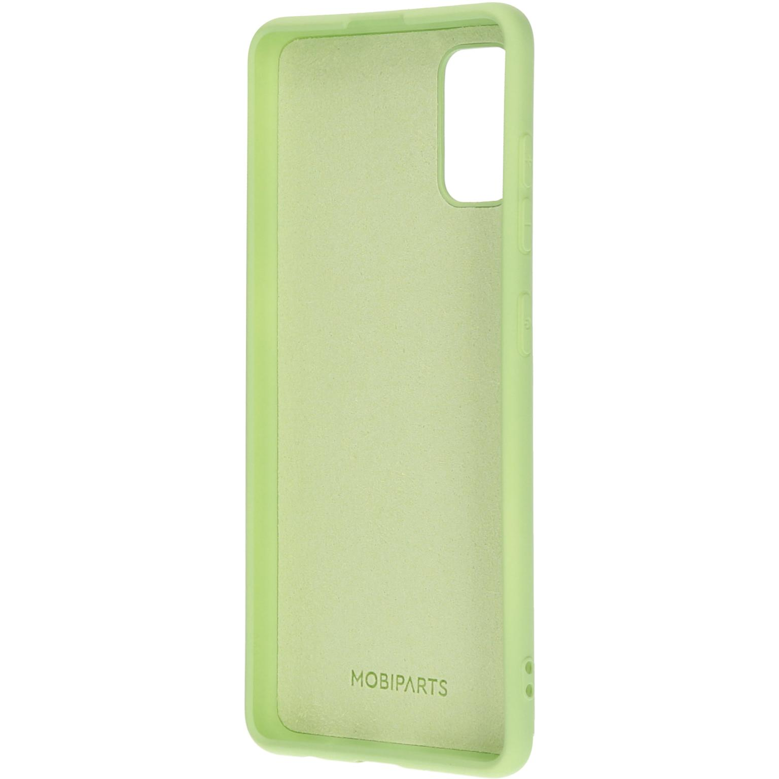 Lichtgroene telefoonhoes. Mobiparts logo onderaan.