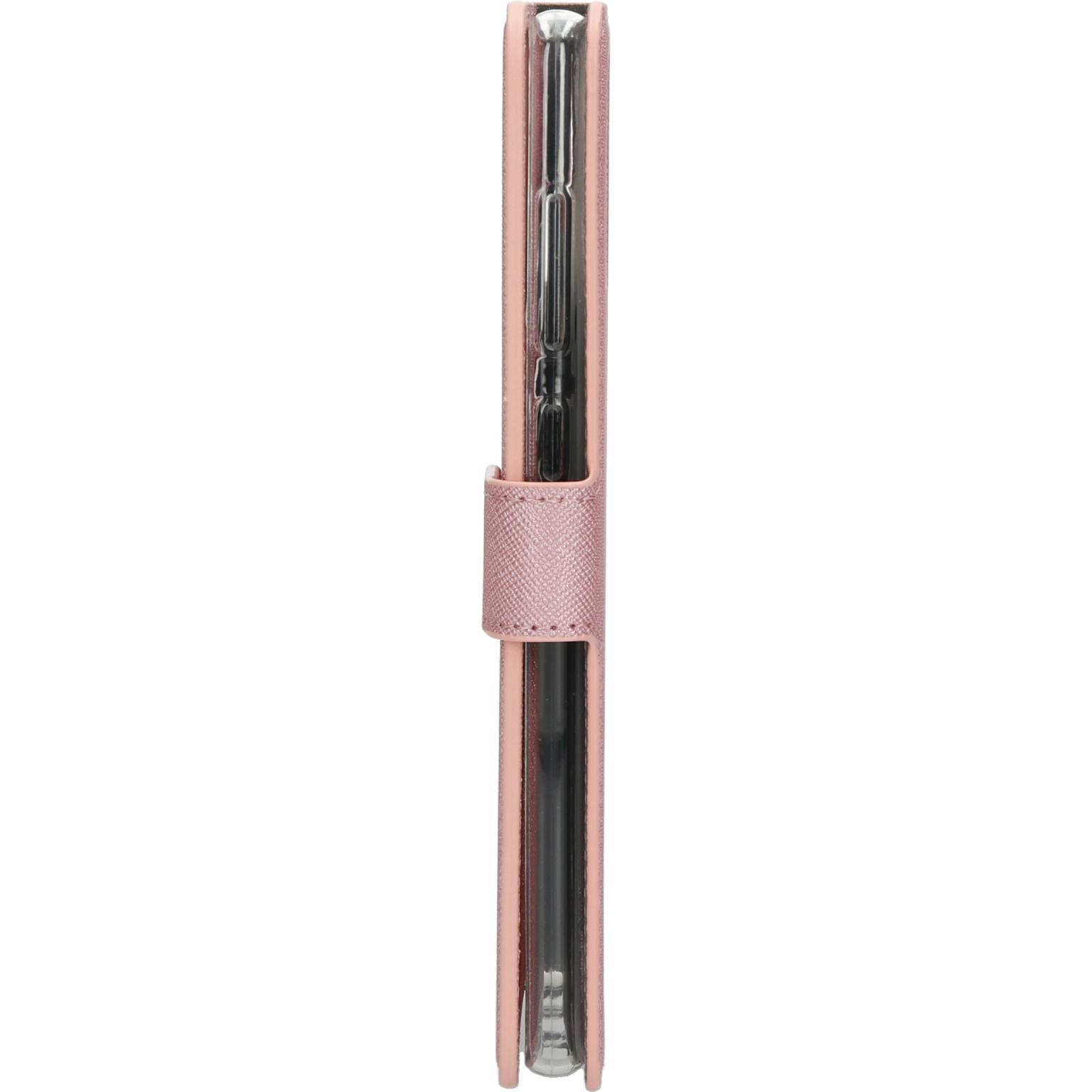 Roze telefoonhoes, gesloten, zijaanzicht. Met riem.
