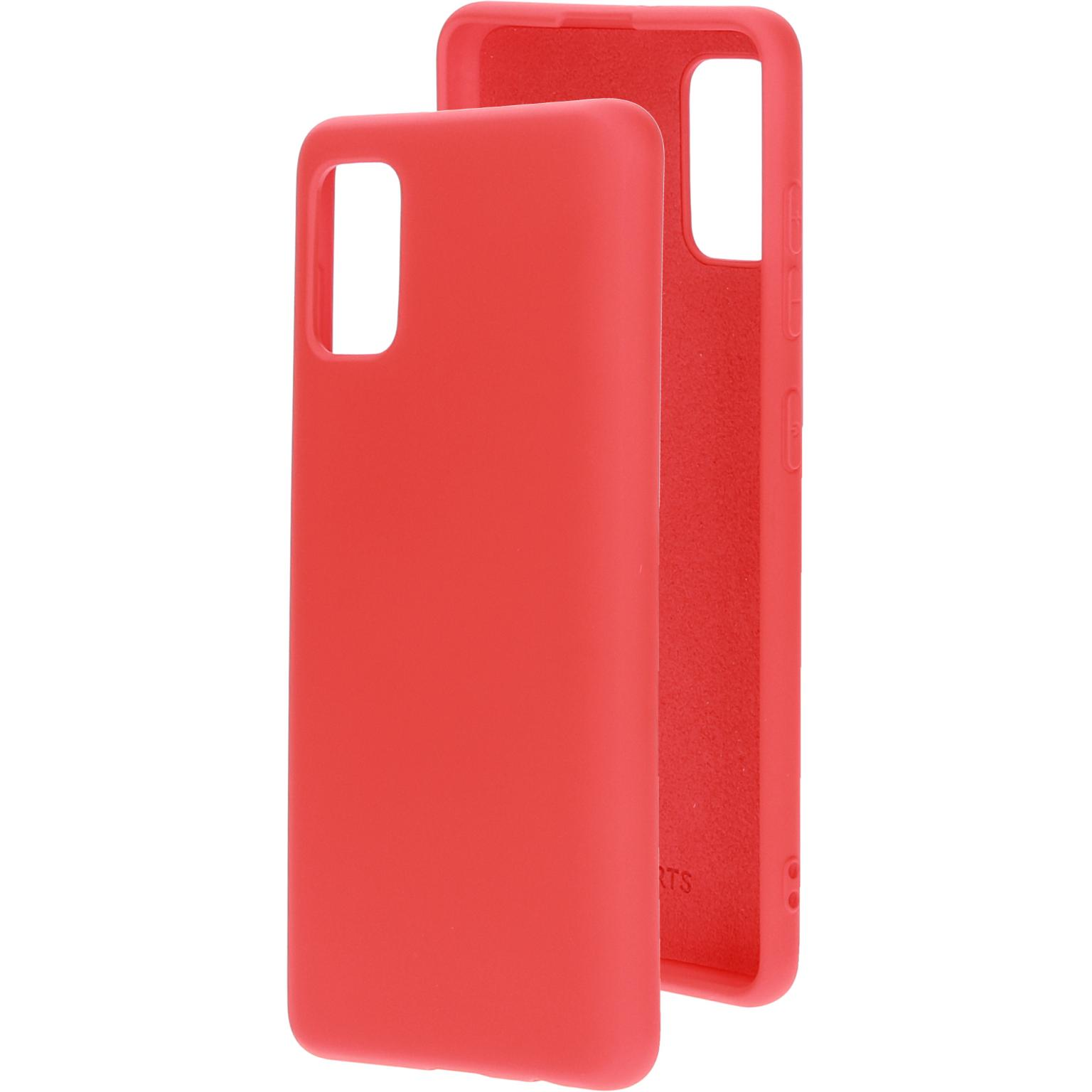Twee rode telefoonhoesjes, één open. Beide hebben uitsparingen voor camera en knoppen.