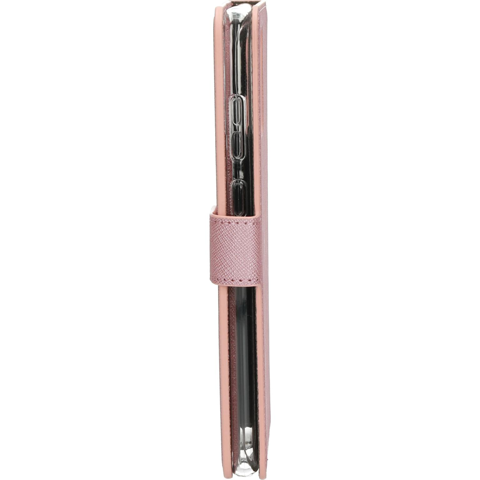 Roze telefoonhoes gesloten. De zijaanzicht toont de hoes met een magnetische sluiting.