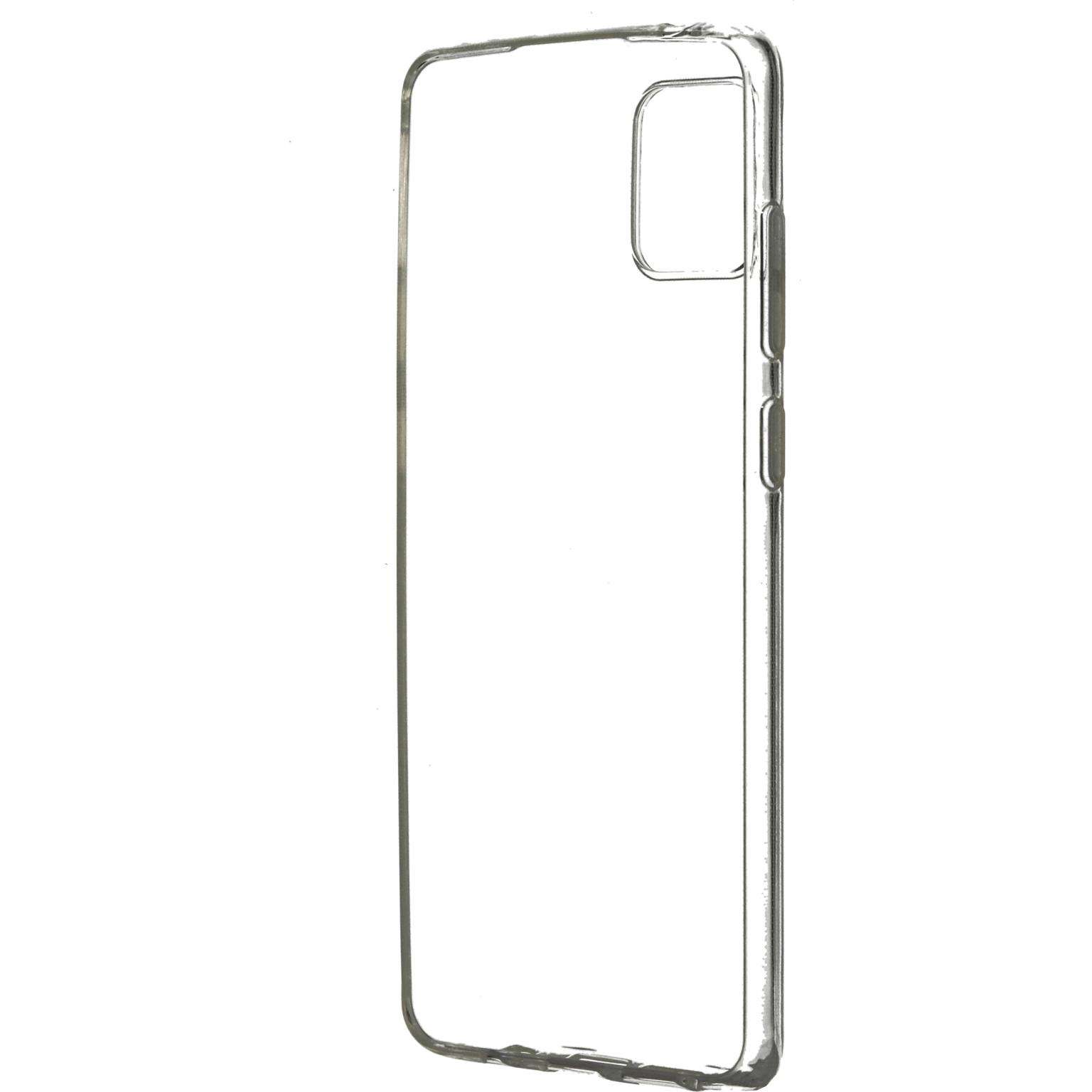Transparante telefoonhoes op witte achtergrond. Uitsparingen voor camera en knoppen zichtbaar.