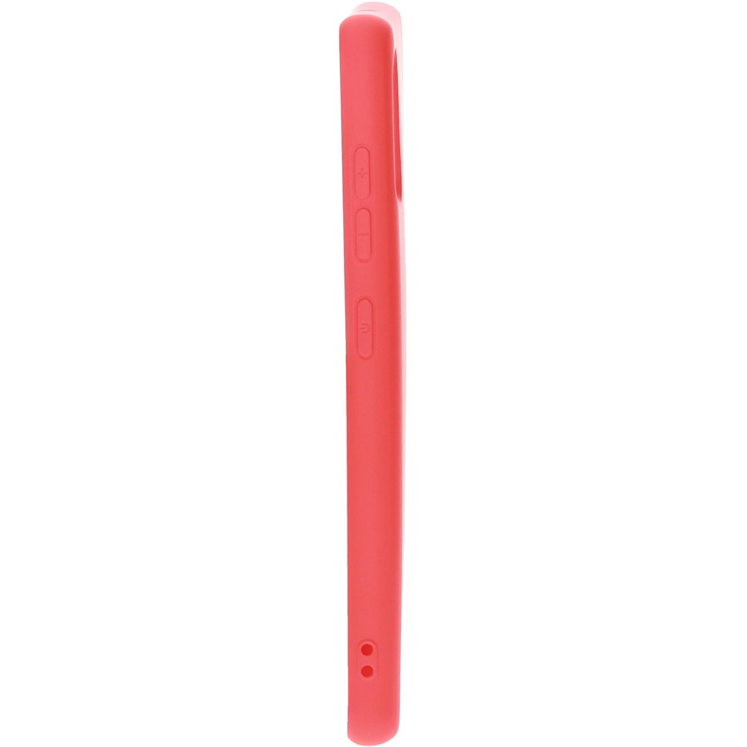 Rode telefoonhoes, zijaanzicht. De achtergrond is wit. De hoes heeft knopuitsparingen. Rood.