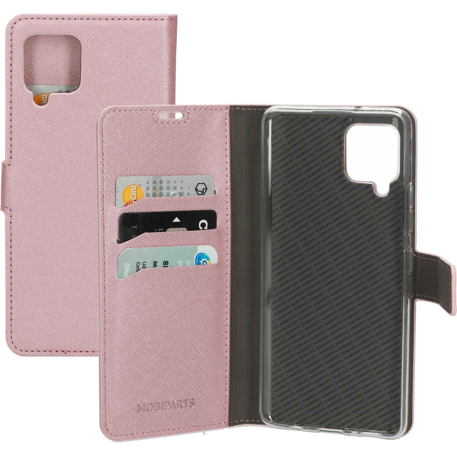 Roze telefoonhoes met kaarten erin. Telefoon rechts. Kaarten zijn zichtbaar. Witte achtergrond. MOBIPARTS logo.