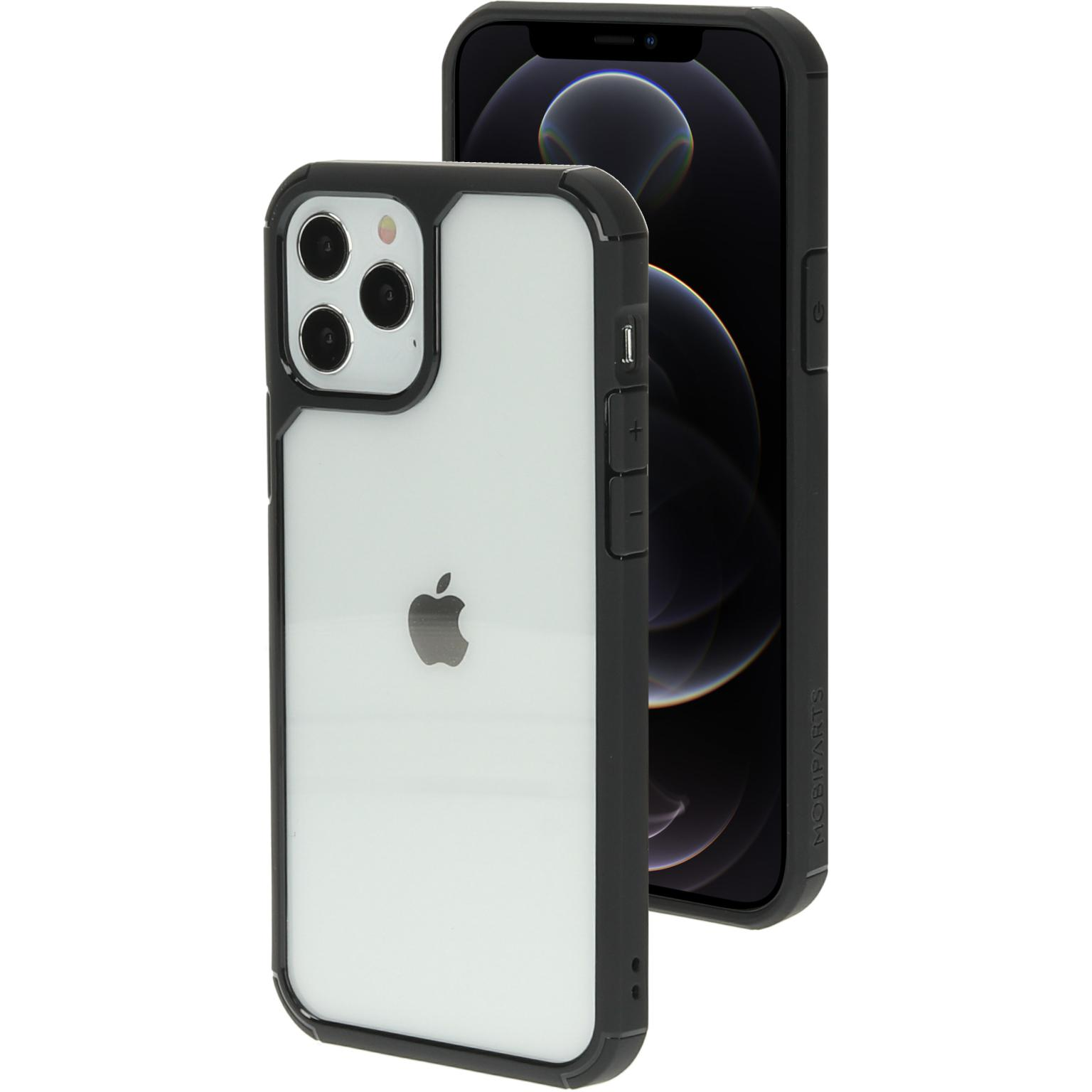Phone case with black border and apple logo. The background is white. The phone is black.
