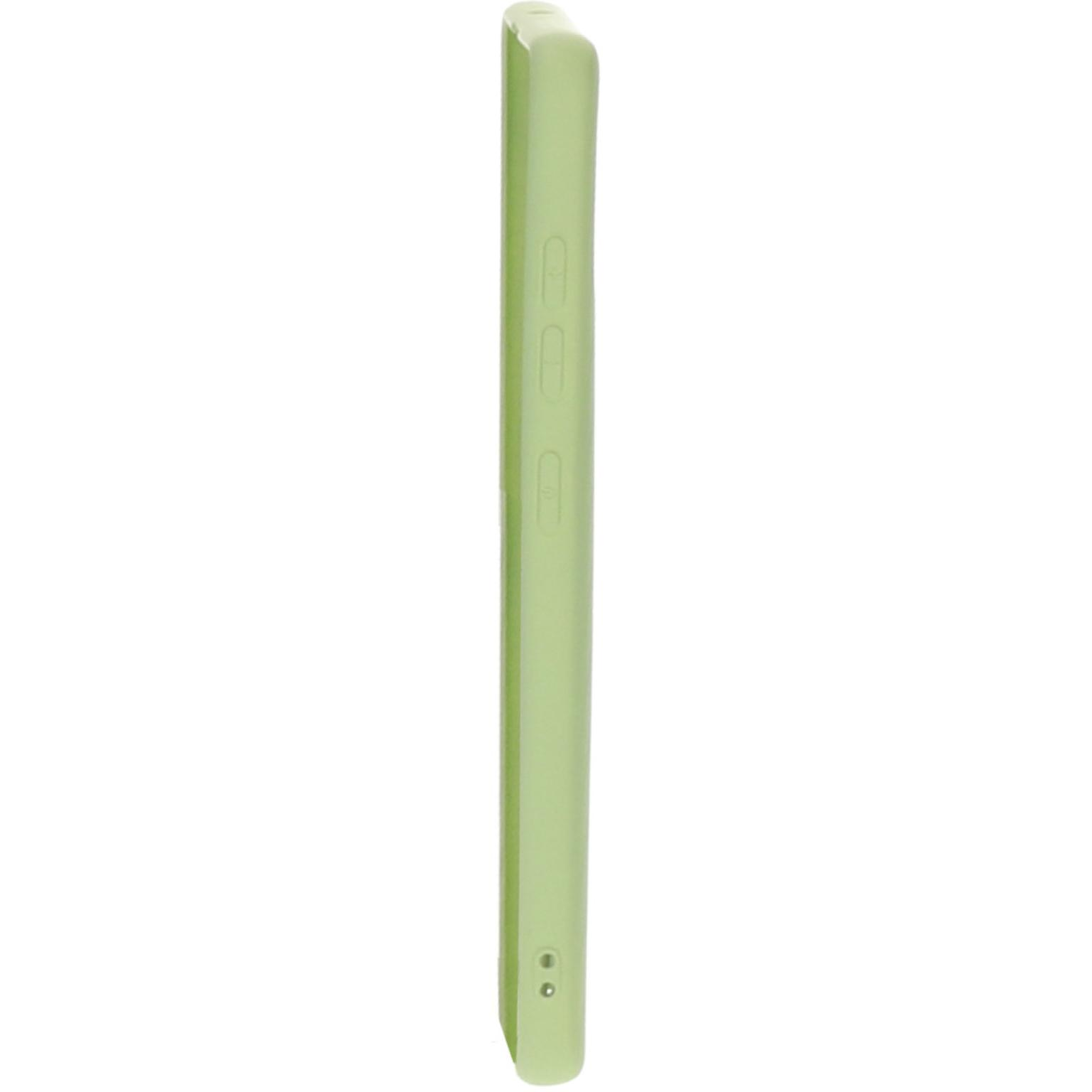 Een lichtgroene telefoonhoes. De zijkant heeft knoppen.