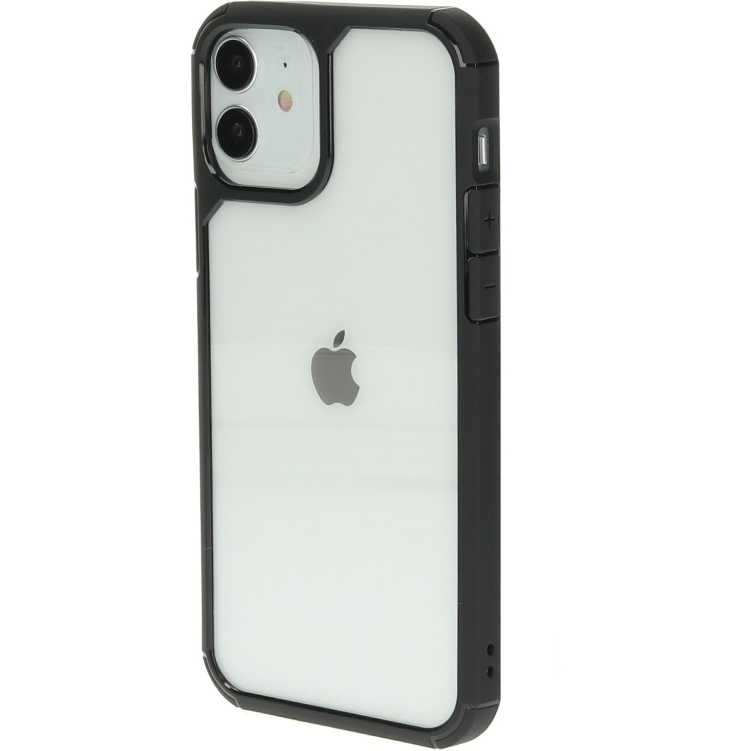 A smartphone with a clear case. The phone has the Apple logo and a black border.