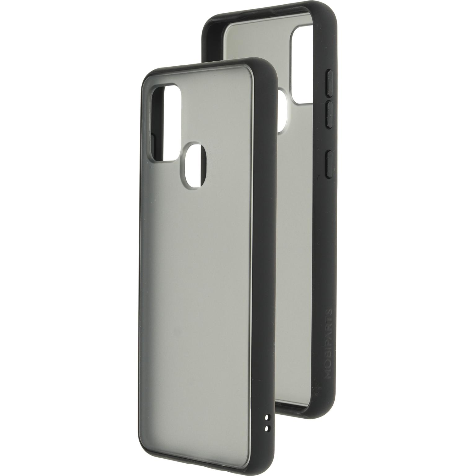 Twee zwarte telefoonhoesjes met grijze binnenkant, een schuin en een recht.
