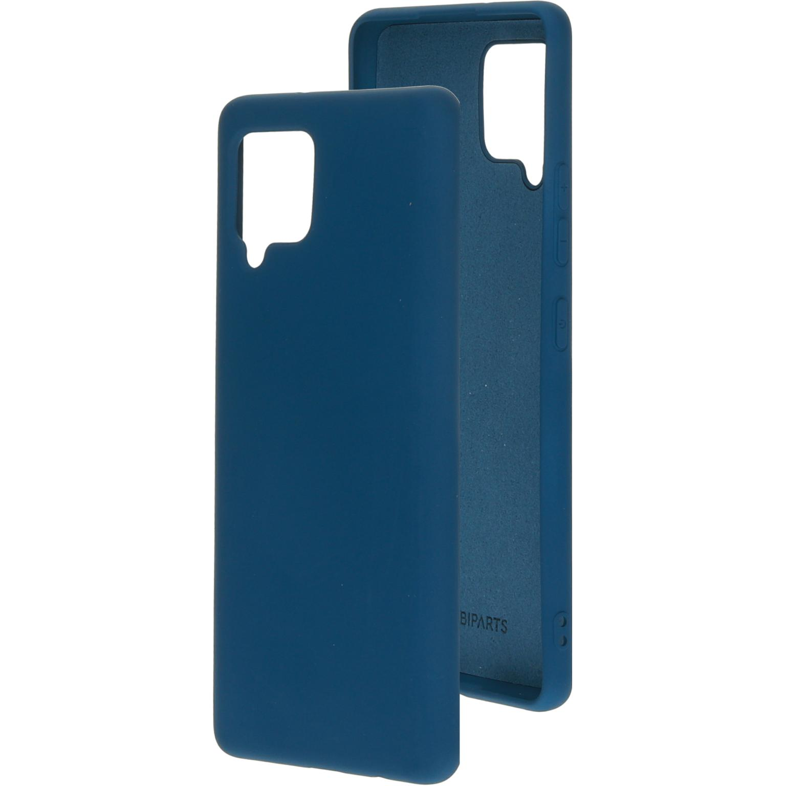 Blauwe telefoonhoes, twee delen. Toont de achterkant van de telefoon.