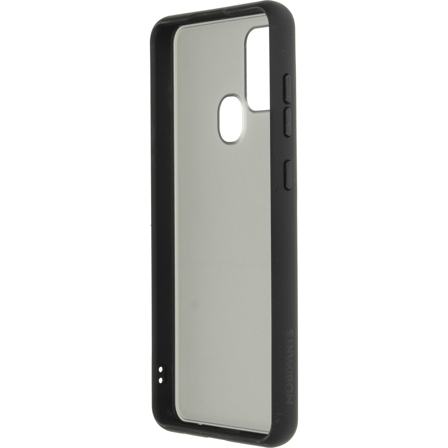 Zwarte telefoonhoes. Transparant van binnen. Met camera- en knopuitsparingen.