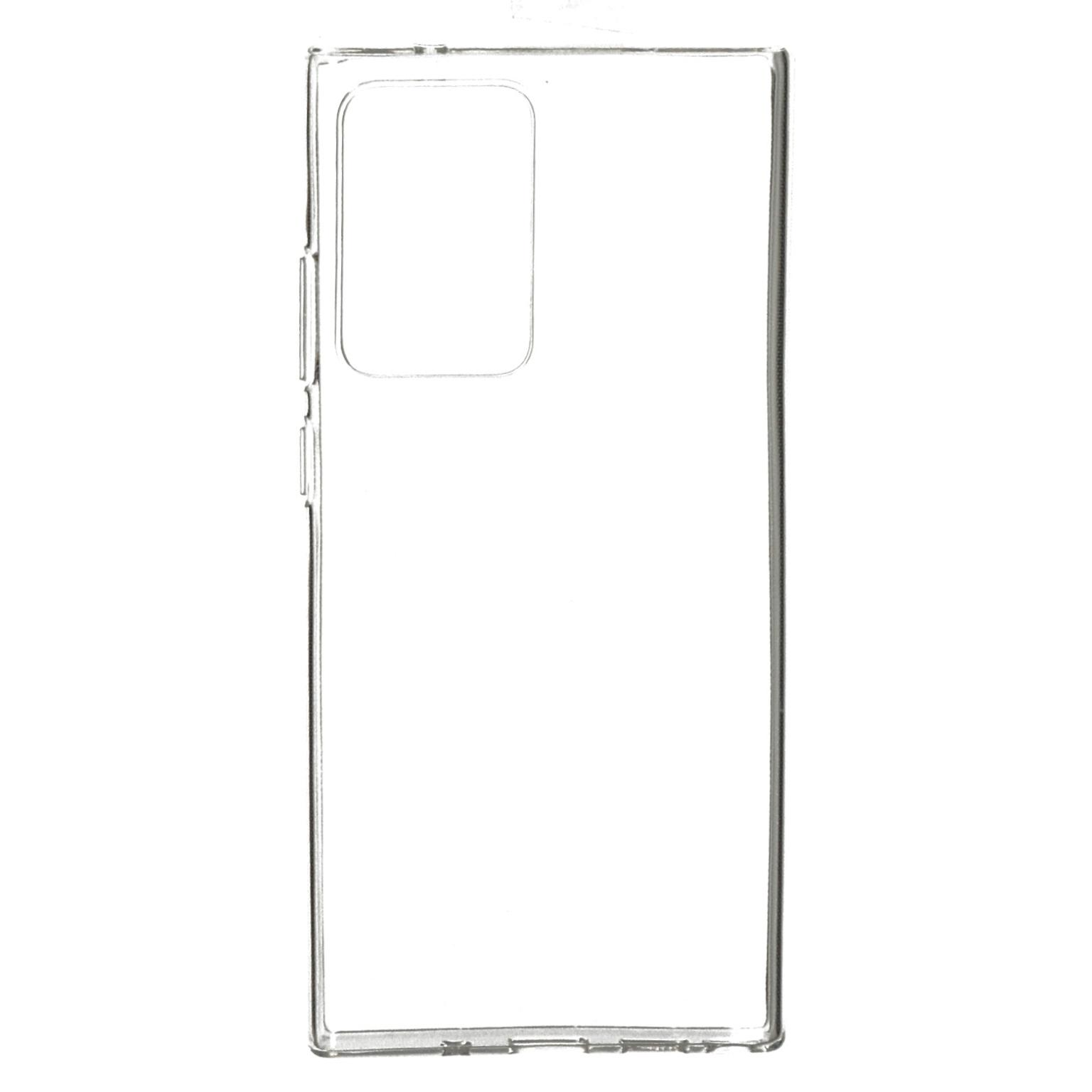 Transparante telefoonhoes. Transparante telefoonhoes voor een telefoon. Witte achtergrond. De telefoonhoes is leeg.