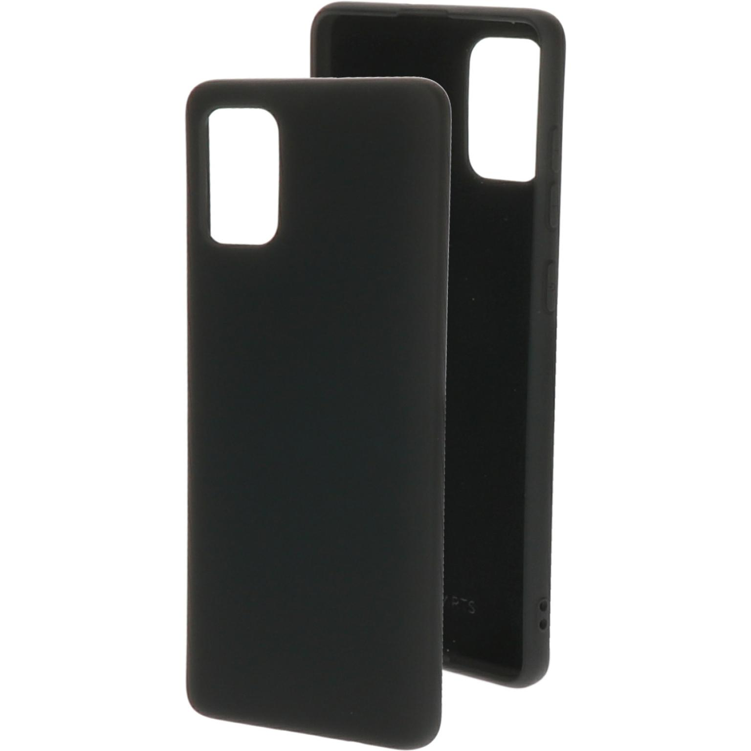 Twee zwarte telefoonhoesjes. Eén ligt, de andere staat. Beide hebben uitsparingen voor de camera.