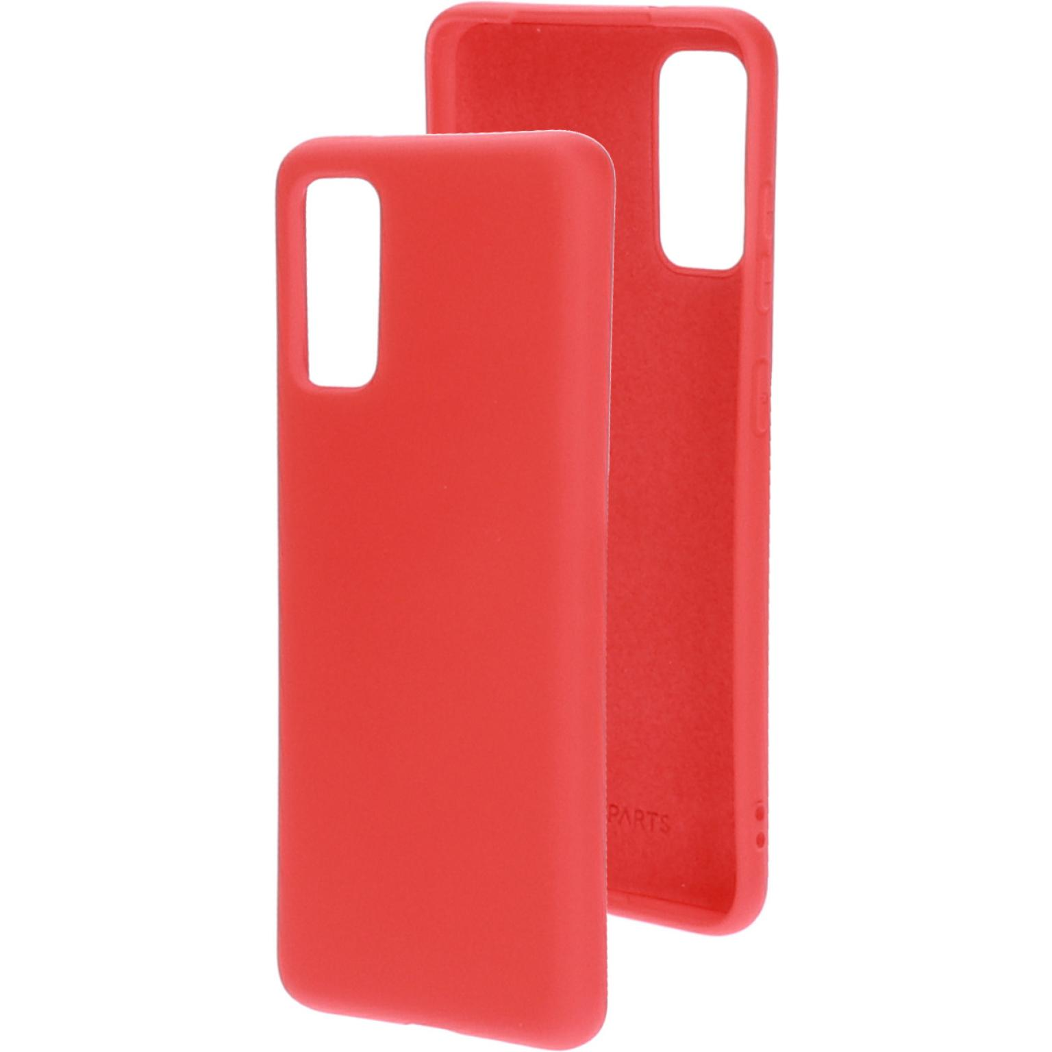 Twee rode telefoonhoesjes. Eén staat links, de andere rechts.