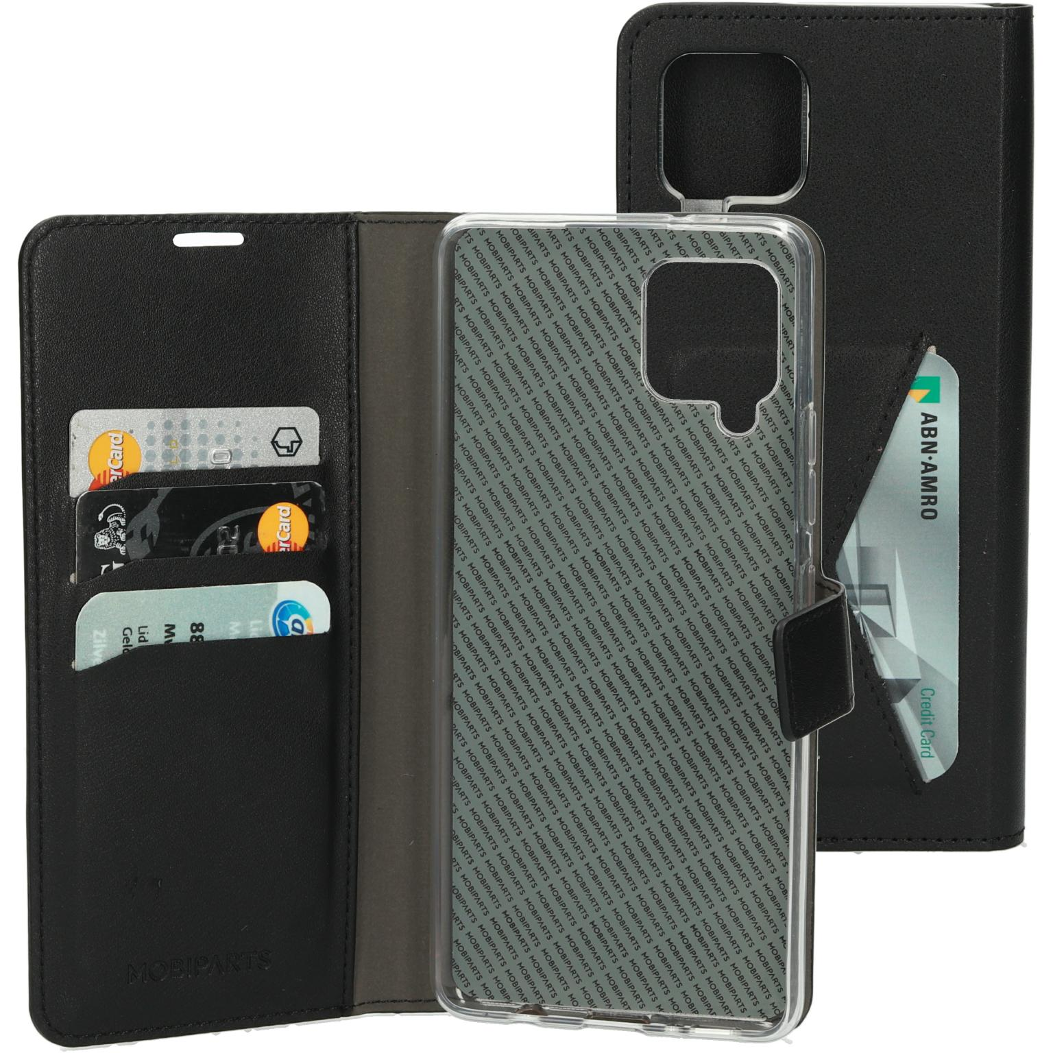 Telefoonhoesje met kaarten en een telefoon. De telefoon heeft een afbeelding.