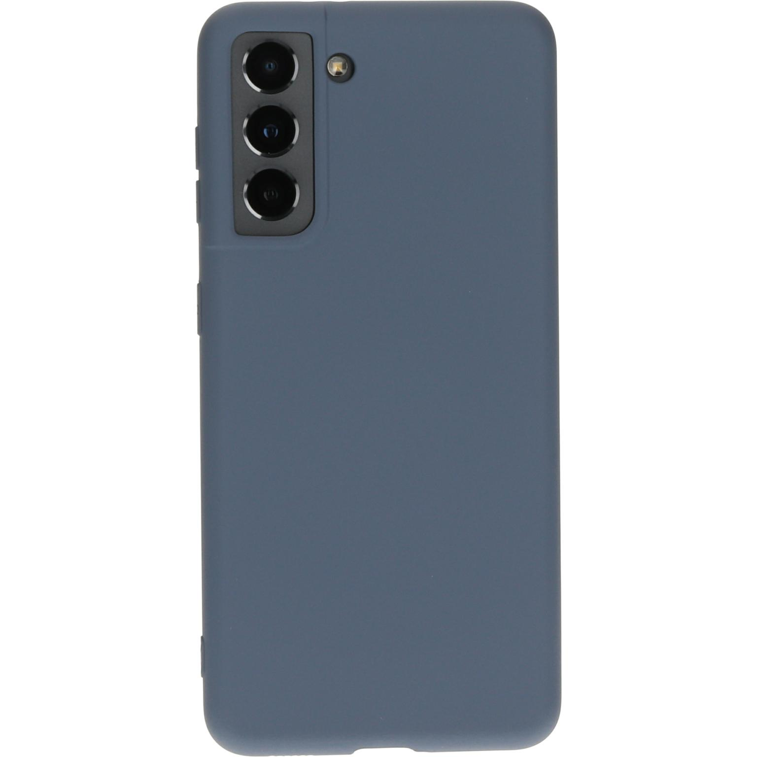 Een donkerblauwe telefoonhoes. Het heeft cameralenzen en een flitser aan de achterkant.